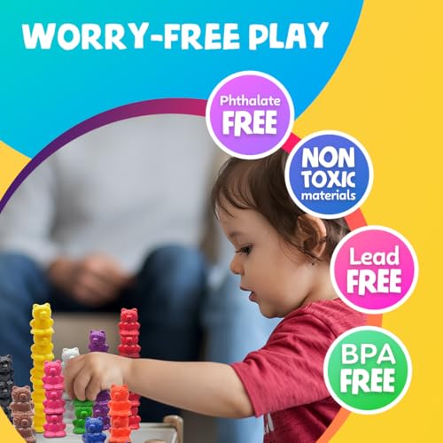 Skoolzy Counting Bears Matching Cups and Sorting, Preschool Learning Toys Color Sorting Counters Educational Toddler Toys for Kids 3+ Includes eBook Teaching Supplies & Bag