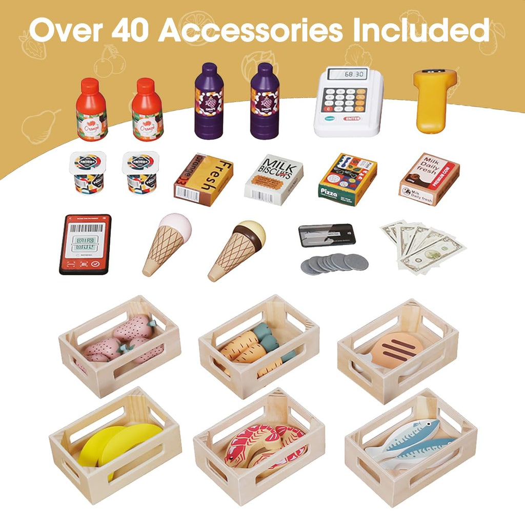 Kids Grocery Store Pretend Play Set with Shopping Cart