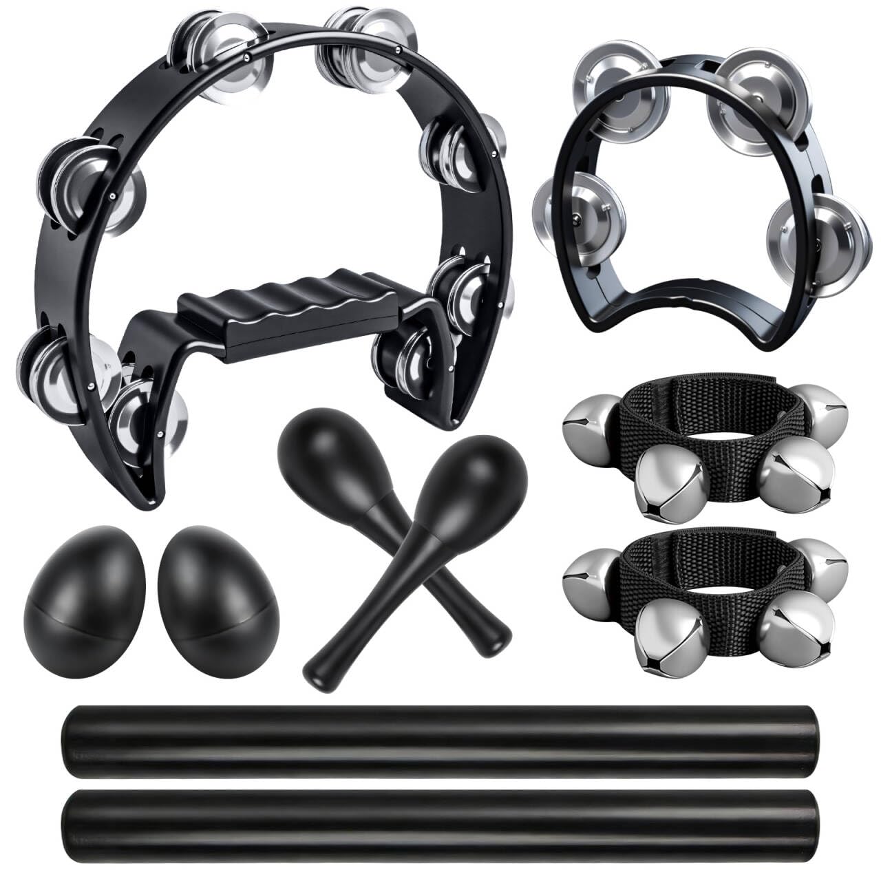 10 Pcs Tambourines for Adults - Half Moon Tambourine, Wood Sticks, Bells Tambourine, Wrist Bells, Egg Shakers, Maracas