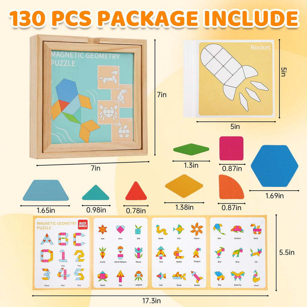 ISMETACU Wooden Magnetic Pattern Blocks Set, 130 PCS Montessori Tangram Puzzle with Design Cards, STEM Educational Learning Toys for Kids Ages 4-8, Creative Gift for Boys & Girls