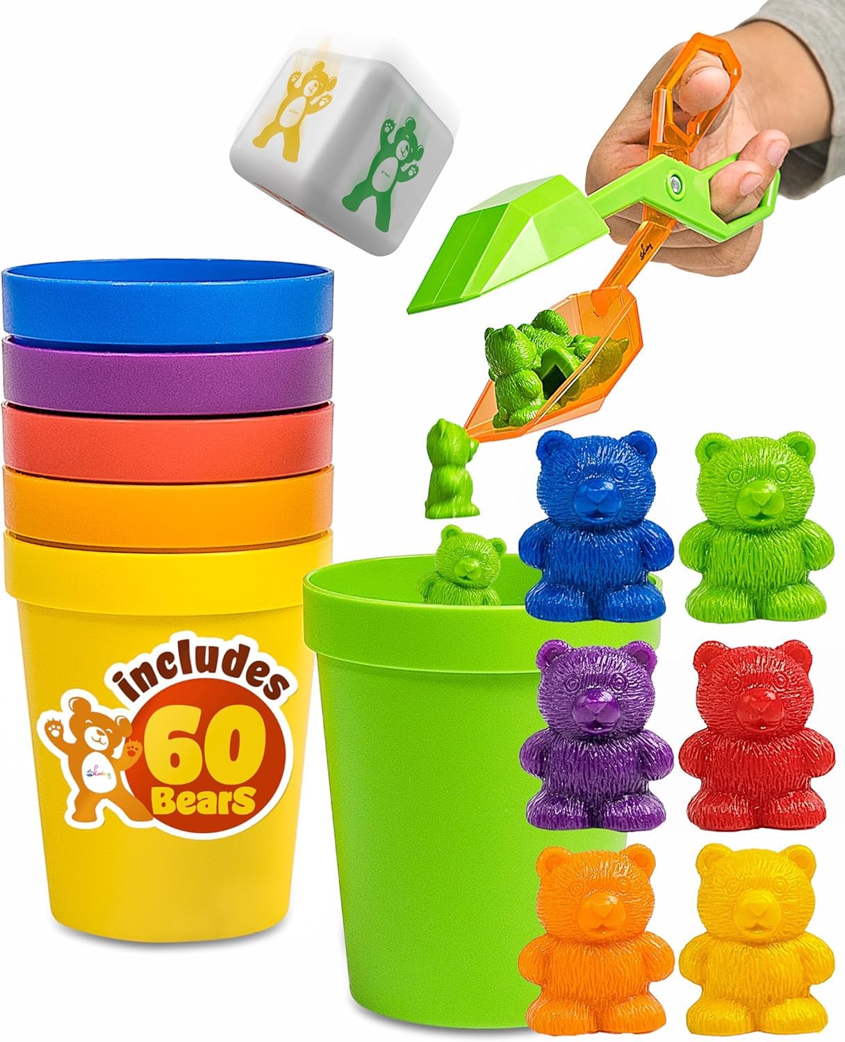 Skoolzy Counting Bears Matching Cups and Sorting, Preschool Learning Toys Color Sorting Counters Educational Toddler Toys for Kids 3+ Includes eBook Teaching Supplies & Bag