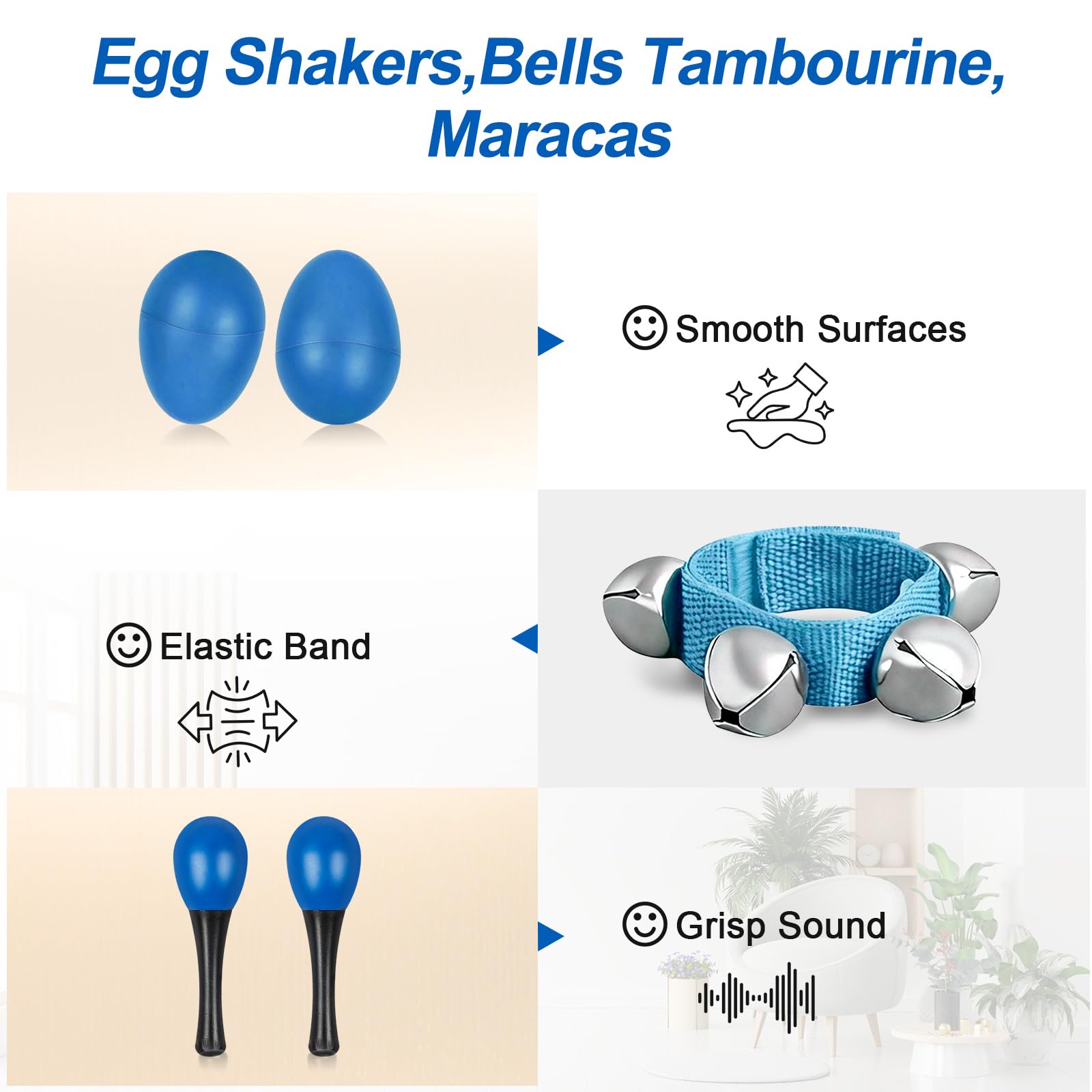 10 Pcs Tambourines for Adults - Half Moon Tambourine, Wood Sticks, Bells Tambourine, Wrist Bells, Egg Shakers, Maracas