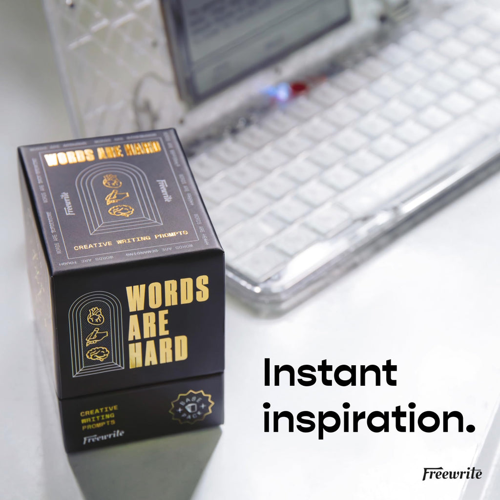 Astrohaus Freewrite Words are Hard Writing Prompt Deck | 150 Creative Writing Prompts for 8 Genres | Gifts for Writers with Inspiring Illustrations | Storytelling Cards with a Custom Wooden Stand