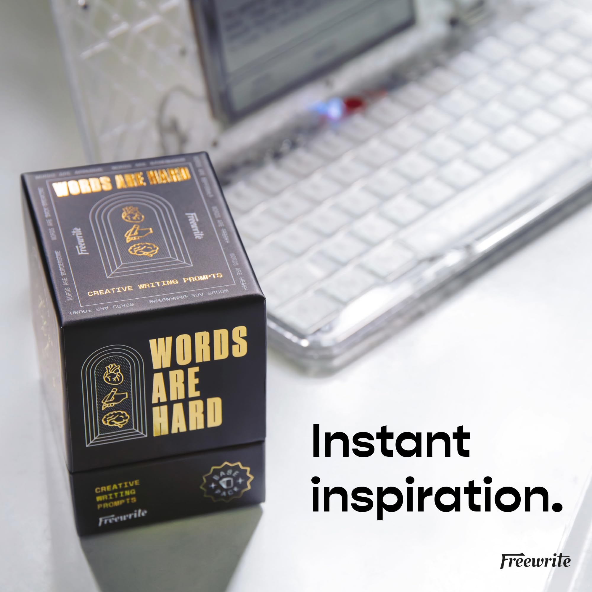 Astrohaus Freewrite Words are Hard Writing Prompt Deck | 150 Creative Writing Prompts for 8 Genres | Gifts for Writers with Inspiring Illustrations | Storytelling Cards with a Custom Wooden Stand