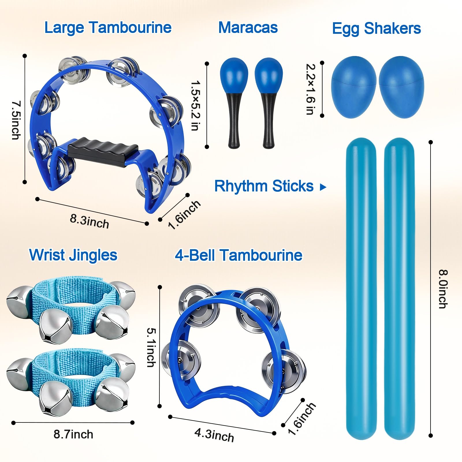 10 Pcs Tambourines for Adults - Half Moon Tambourine, Wood Sticks, Bells Tambourine, Wrist Bells, Egg Shakers, Maracas