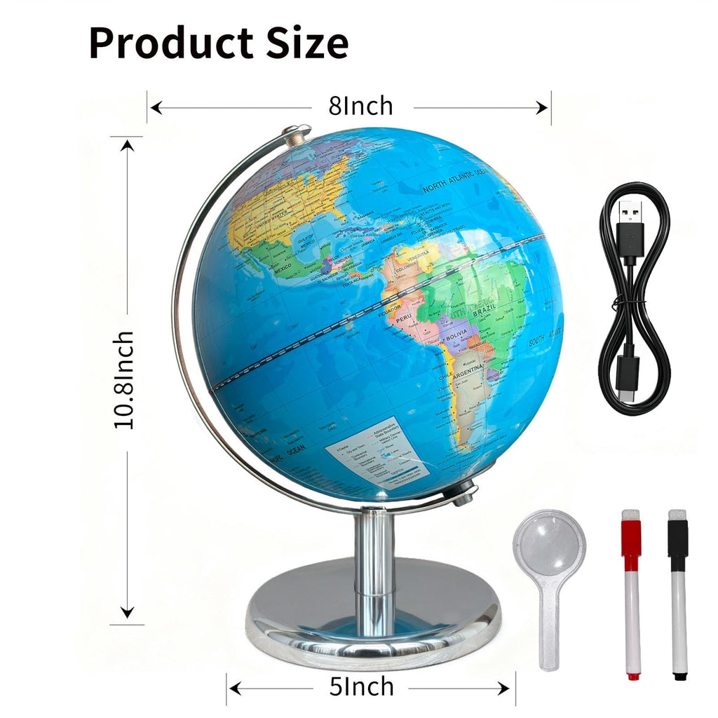 Sexacohu 8'' Illuminated Globe for Kids World Globe with Stable Metal Base