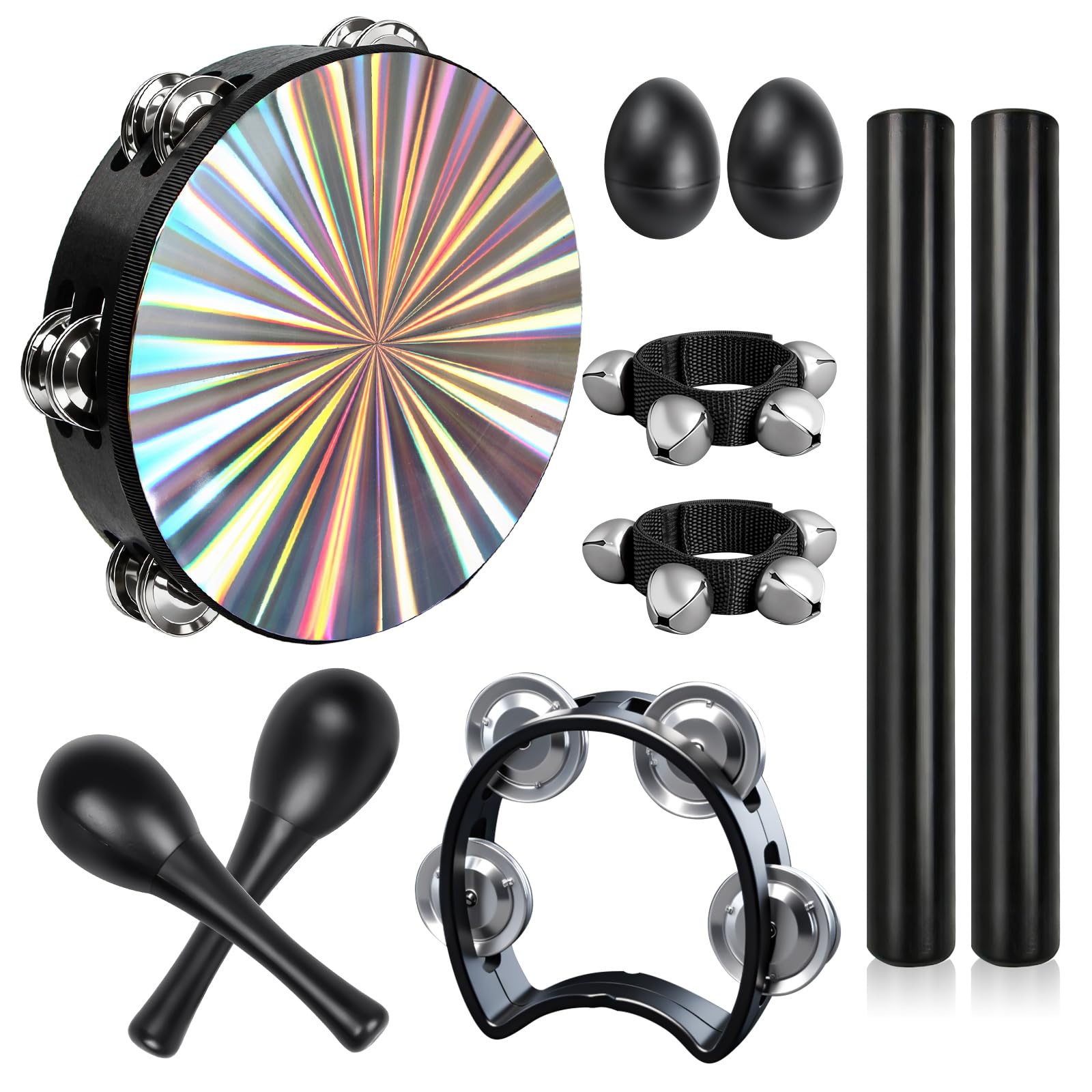 10 Pcs Tambourines for Adults - Half Moon Tambourine, Wood Sticks, Bells Tambourine, Wrist Bells, Egg Shakers, Maracas