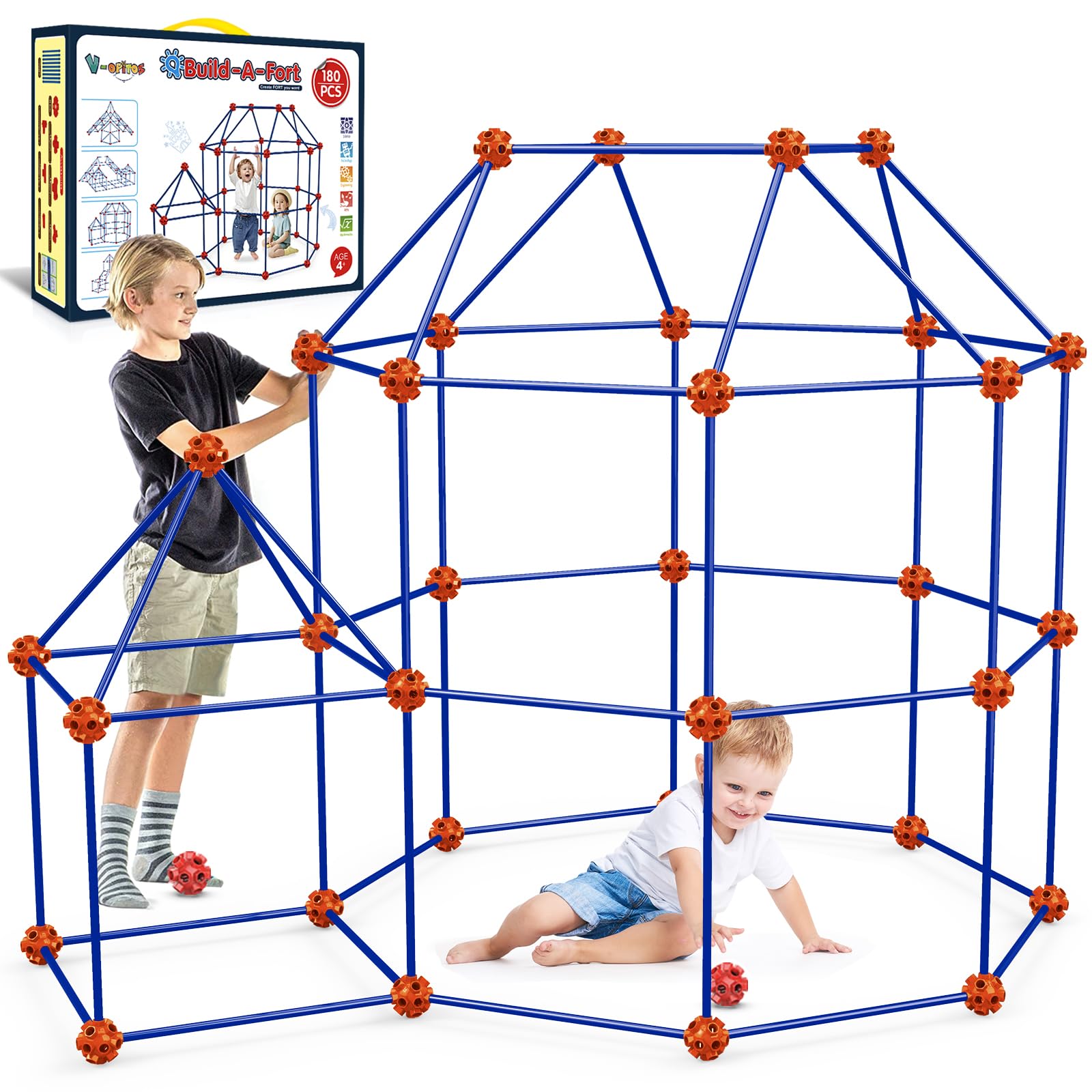V-Opitos 180 Pack Fort Building Kits for Kids Age 4, 5, 6, 7, 8+ Years Old, Creative STEM Building Toys for DIY Castles, Tunnels, Play Tent, Ideal Christmas, Birthday Gifts for Boys & Girls