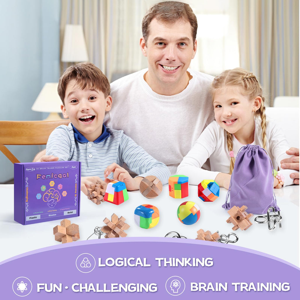 Brain Teaser Puzzles for Kids, Mind Game Puzzle Set, 3D Puzzle Wooden Metal Plastic Unlock Interlock Toy, Family Games Party Favor Educational Toys Birthday Gifts for Kids Teens and Adults