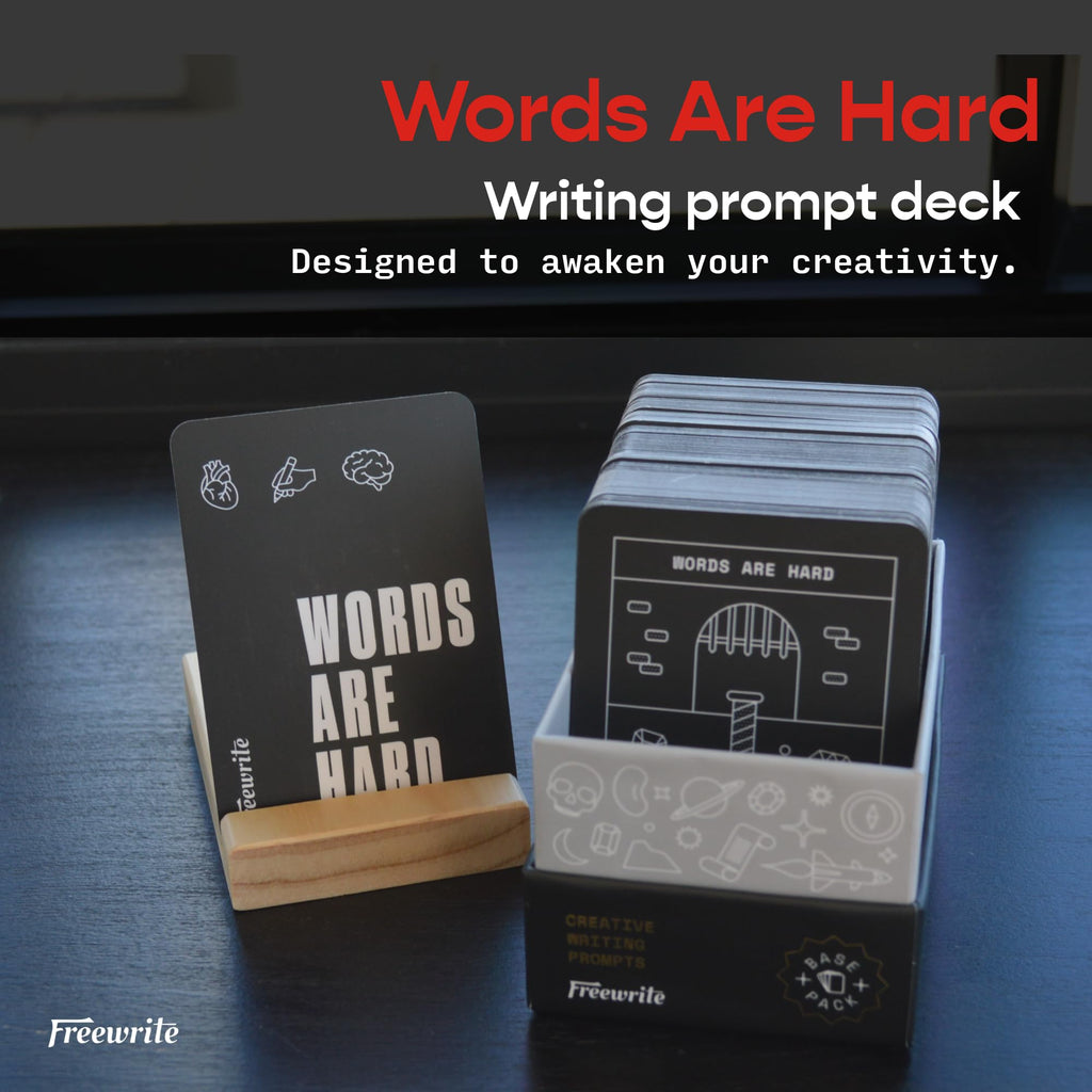 Astrohaus Freewrite Words are Hard Writing Prompt Deck | 150 Creative Writing Prompts for 8 Genres | Gifts for Writers with Inspiring Illustrations | Storytelling Cards with a Custom Wooden Stand