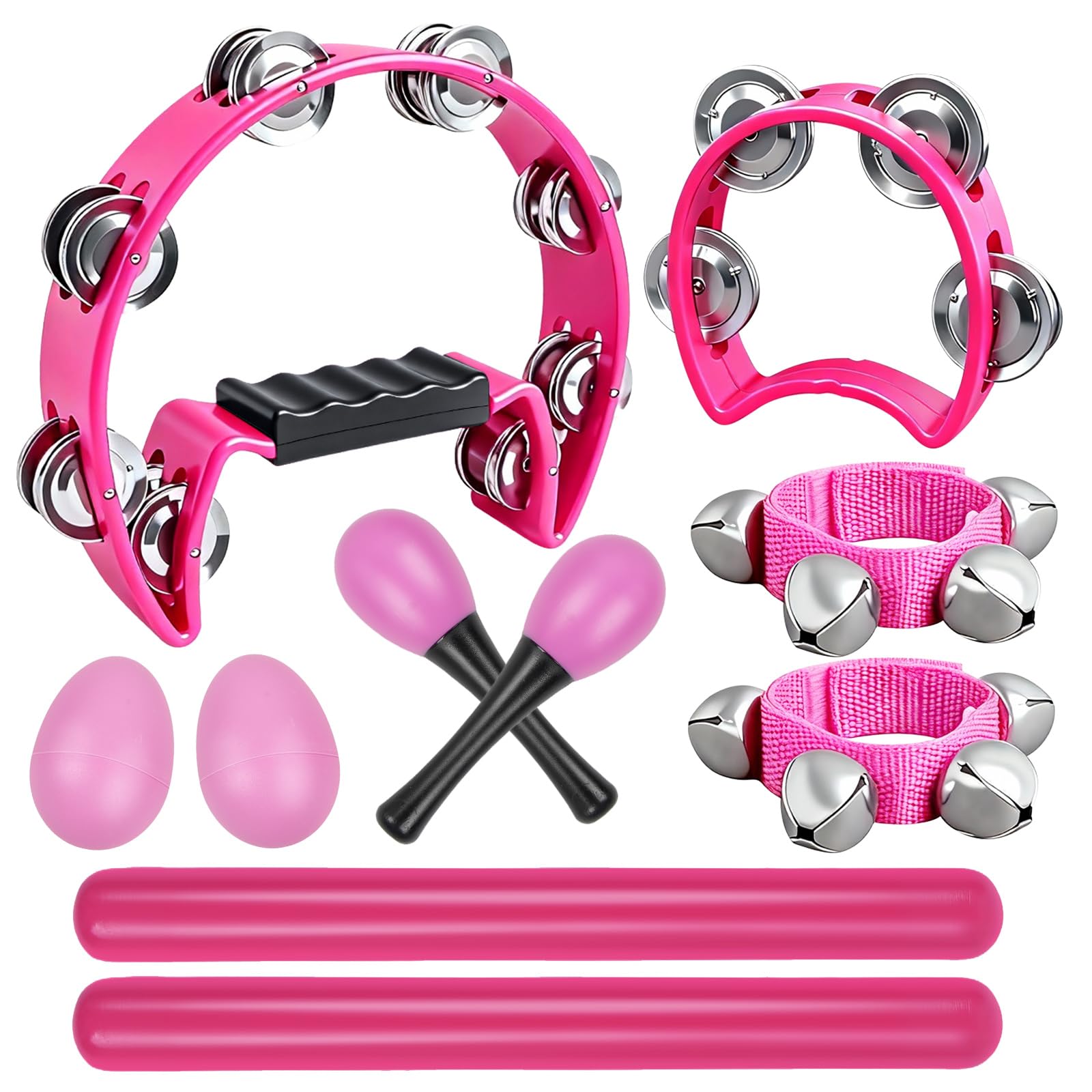 10 Pcs Tambourines for Adults - Half Moon Tambourine, Wood Sticks, Bells Tambourine, Wrist Bells, Egg Shakers, Maracas