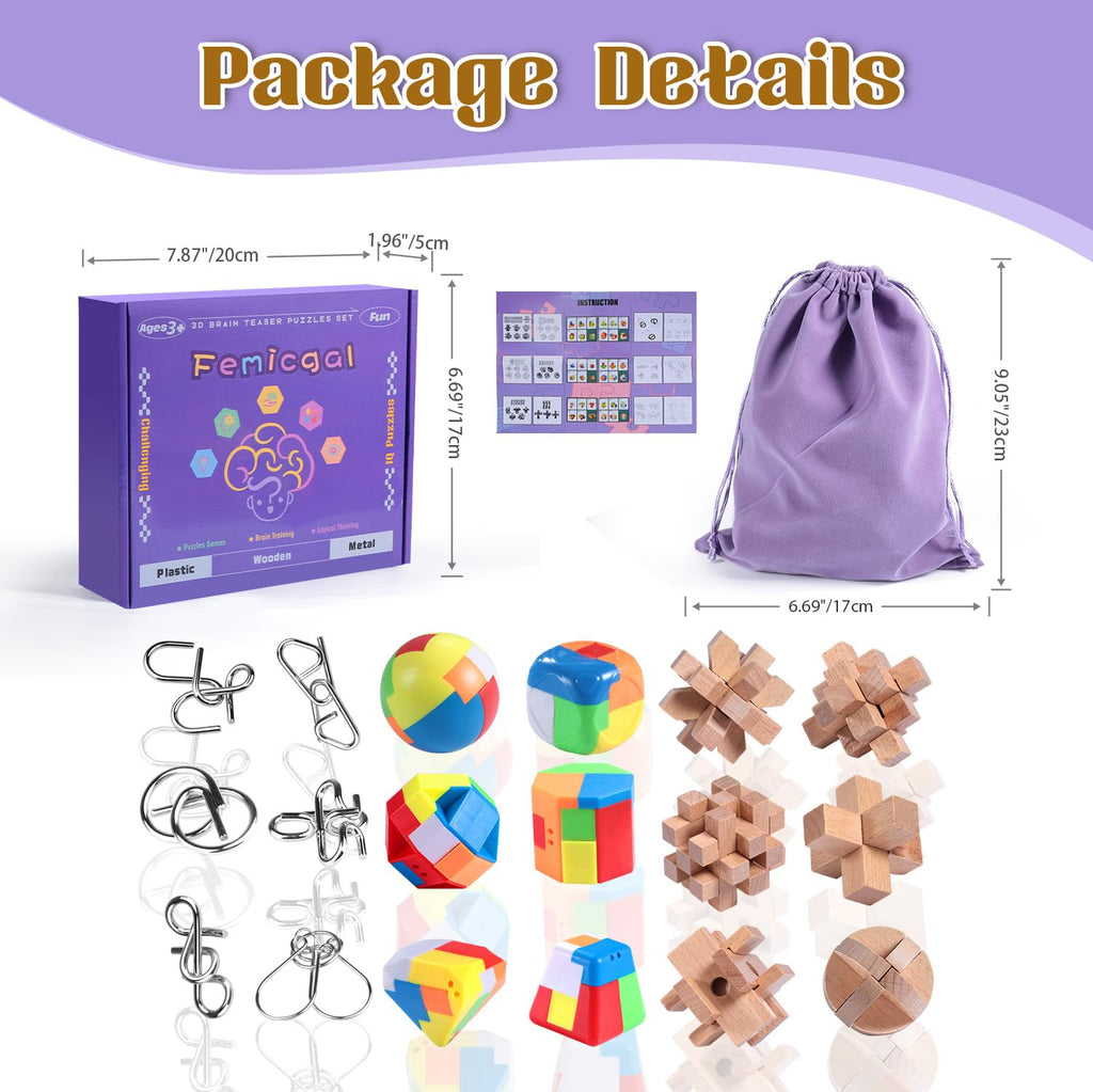 Brain Teaser Puzzles for Kids, Mind Game Puzzle Set, 3D Puzzle Wooden Metal Plastic Unlock Interlock Toy, Family Games Party Favor Educational Toys Birthday Gifts for Kids Teens and Adults