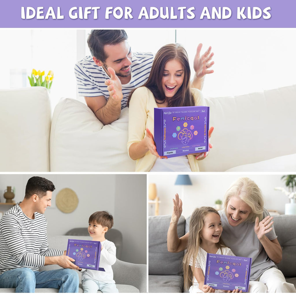 Brain Teaser Puzzles for Kids, Mind Game Puzzle Set, 3D Puzzle Wooden Metal Plastic Unlock Interlock Toy, Family Games Party Favor Educational Toys Birthday Gifts for Kids Teens and Adults