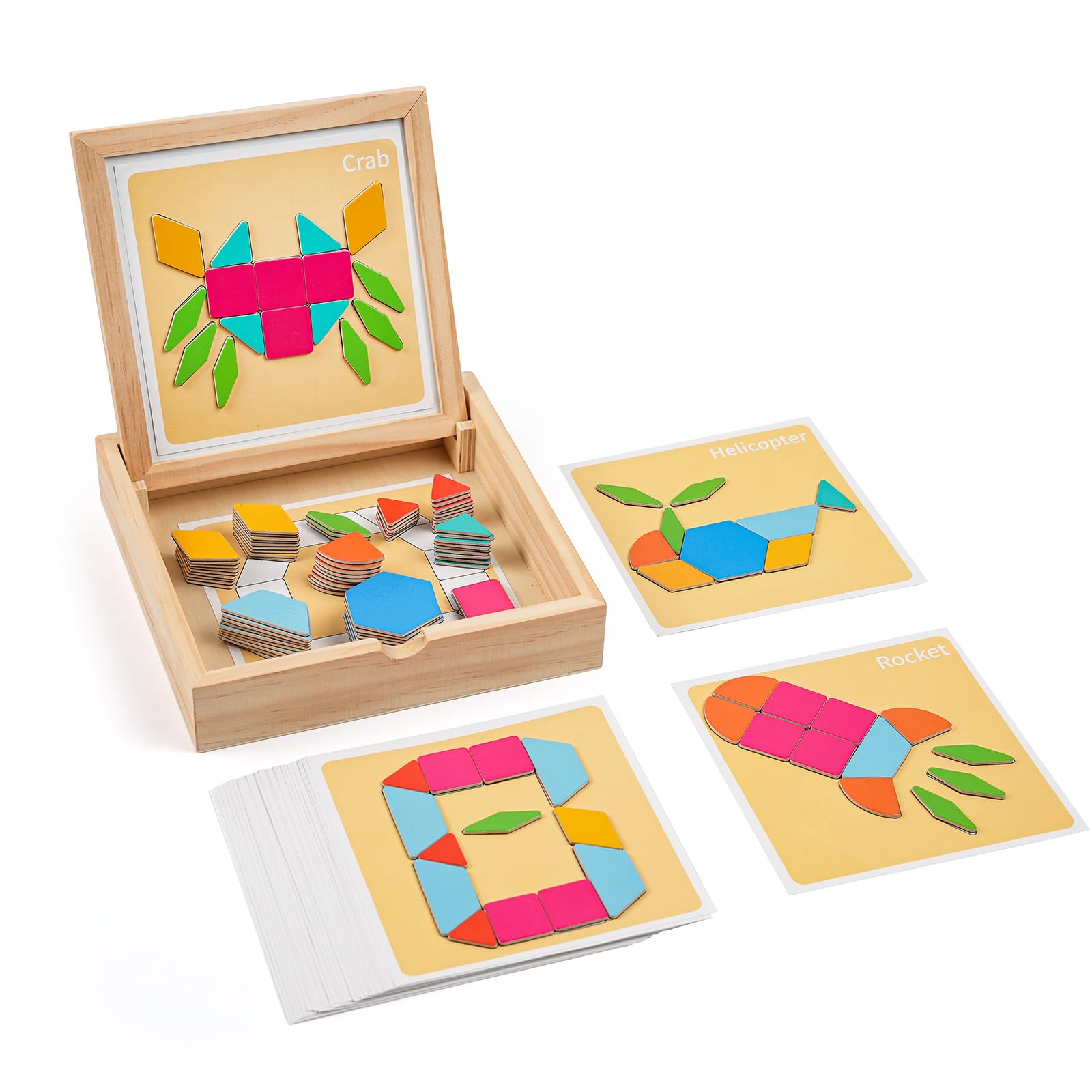 ISMETACU Wooden Magnetic Pattern Blocks Set, 130 PCS Montessori Tangram Puzzle with Design Cards, STEM Educational Learning Toys for Kids Ages 4-8, Creative Gift for Boys & Girls