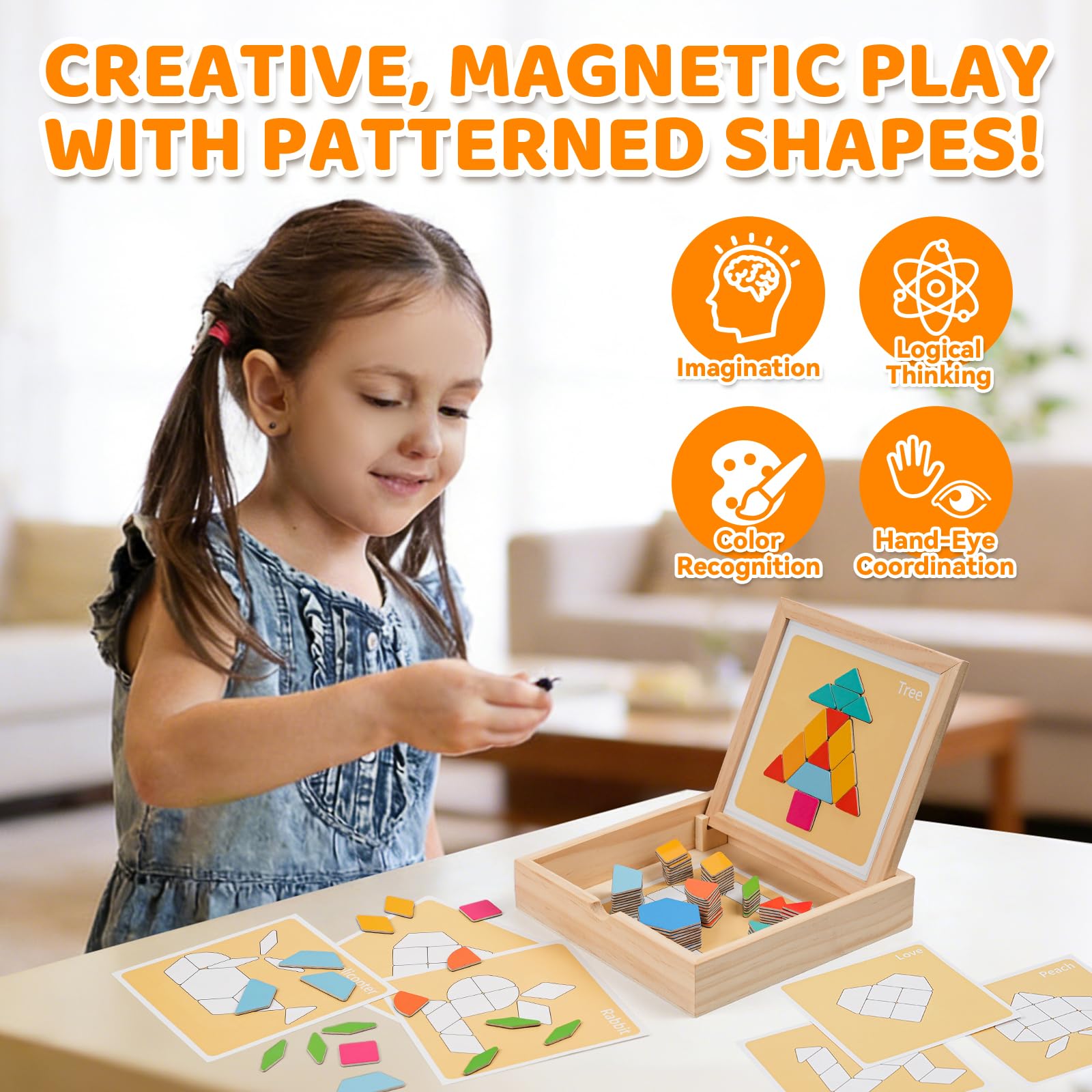 ISMETACU Wooden Magnetic Pattern Blocks Set, 130 PCS Montessori Tangram Puzzle with Design Cards, STEM Educational Learning Toys for Kids Ages 4-8, Creative Gift for Boys & Girls