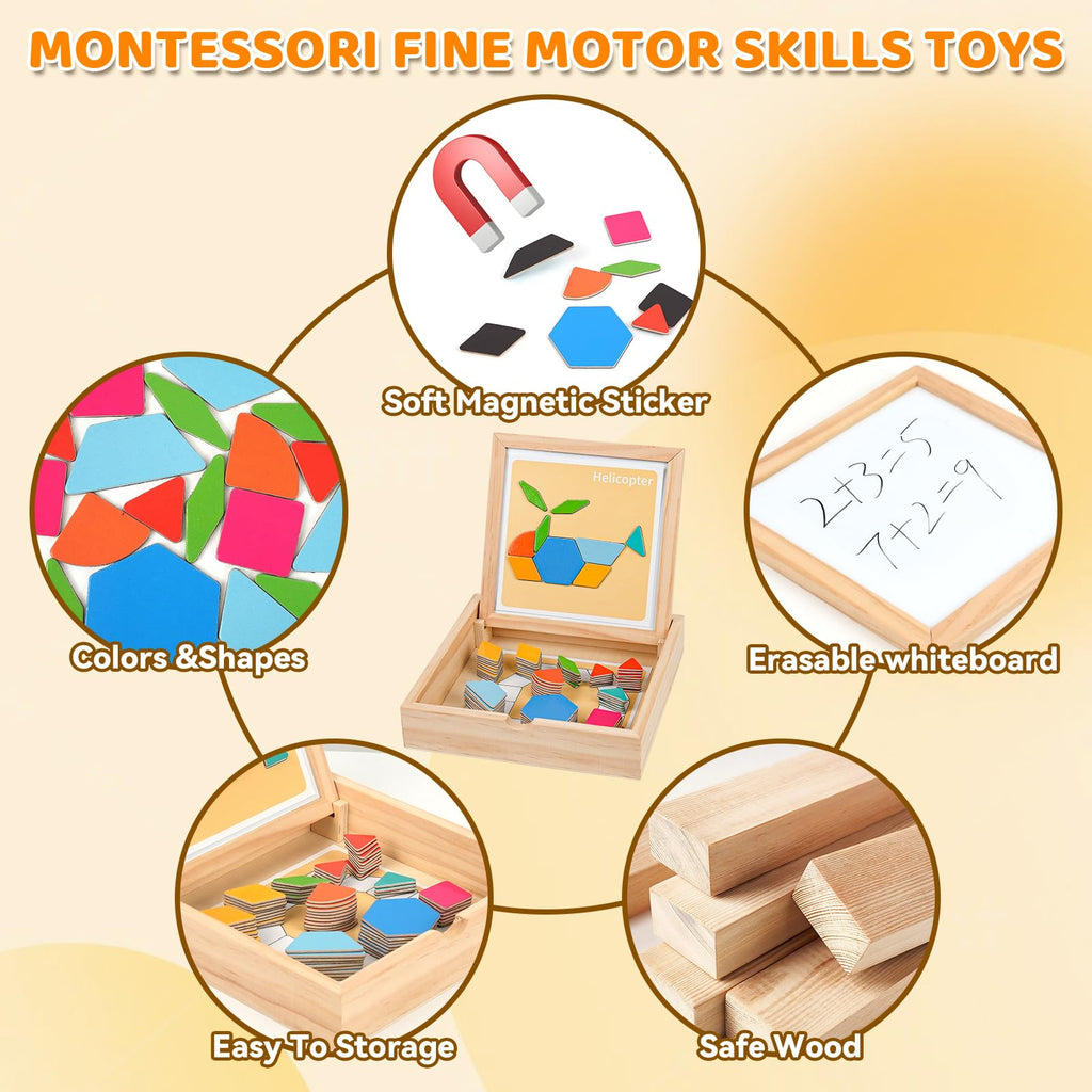 ISMETACU Wooden Magnetic Pattern Blocks Set, 130 PCS Montessori Tangram Puzzle with Design Cards, STEM Educational Learning Toys for Kids Ages 4-8, Creative Gift for Boys & Girls