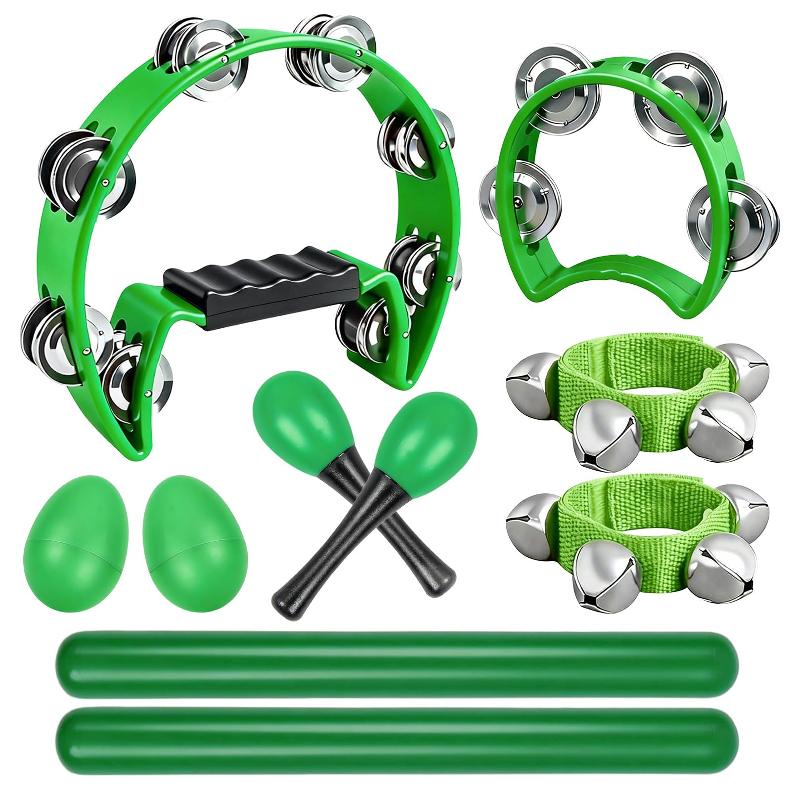 10 Pcs Tambourines for Adults - Half Moon Tambourine, Wood Sticks, Bells Tambourine, Wrist Bells, Egg Shakers, Maracas