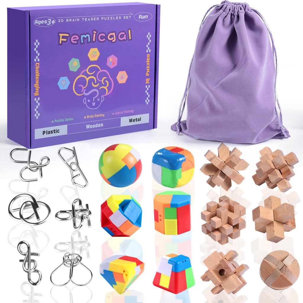 Brain Teaser Puzzles for Kids, Mind Game Puzzle Set, 3D Puzzle Wooden Metal Plastic Unlock Interlock Toy, Family Games Party Favor Educational Toys Birthday Gifts for Kids Teens and Adults