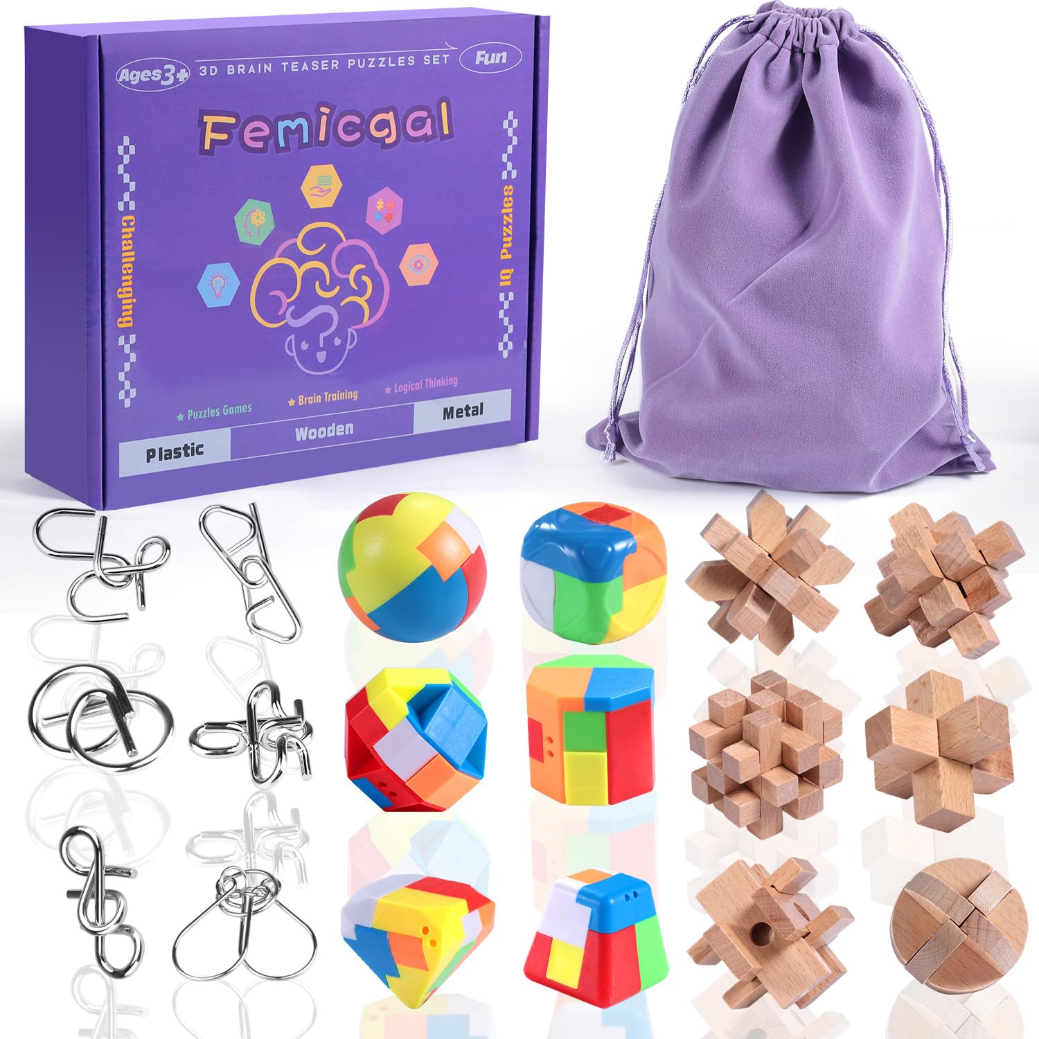 Brain Teaser Puzzles for Kids, Mind Game Puzzle Set, 3D Puzzle Wooden Metal Plastic Unlock Interlock Toy, Family Games Party Favor Educational Toys Birthday Gifts for Kids Teens and Adults