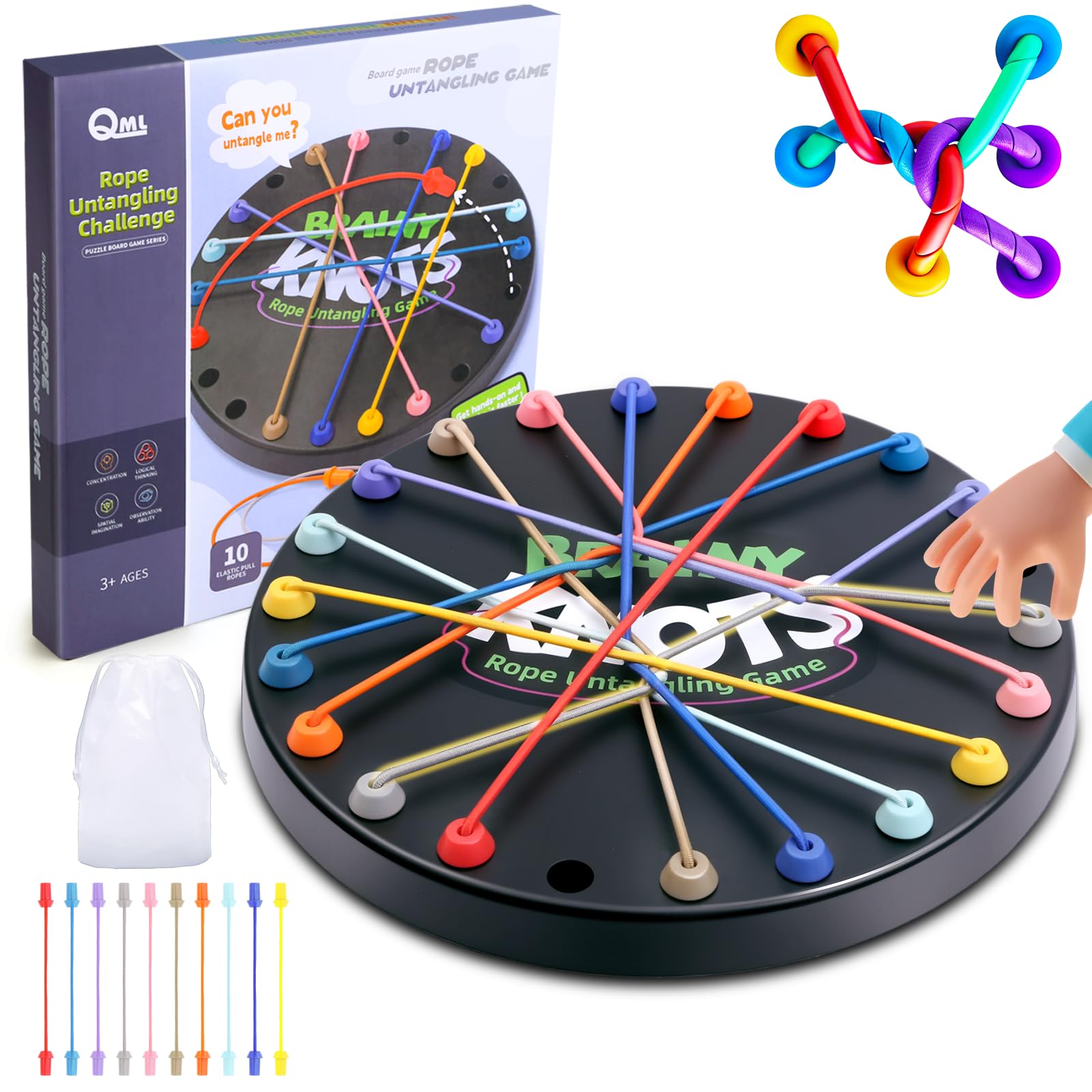 Brainy Knots Rope Untangling Game, 10Pcs Twisted Rope Puzzle Game,Strategy Untangling Challenge Puzzle, String Solution Central Lacing Toys for Adults Kids(Black)