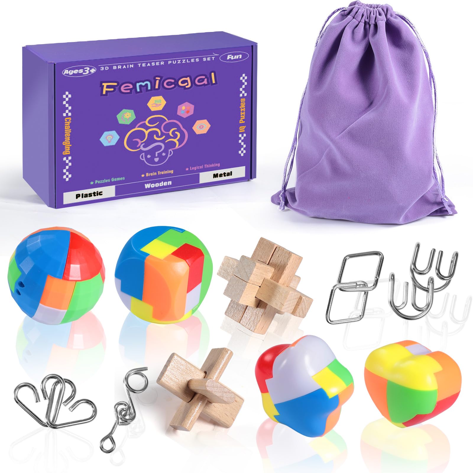 Brain Teaser Puzzles for Kids, Mind Game Puzzle Set, 3D Puzzle Wooden Metal Plastic Unlock Interlock Toy, Family Games Party Favor Educational Toys Birthday Gifts for Kids Teens and Adults
