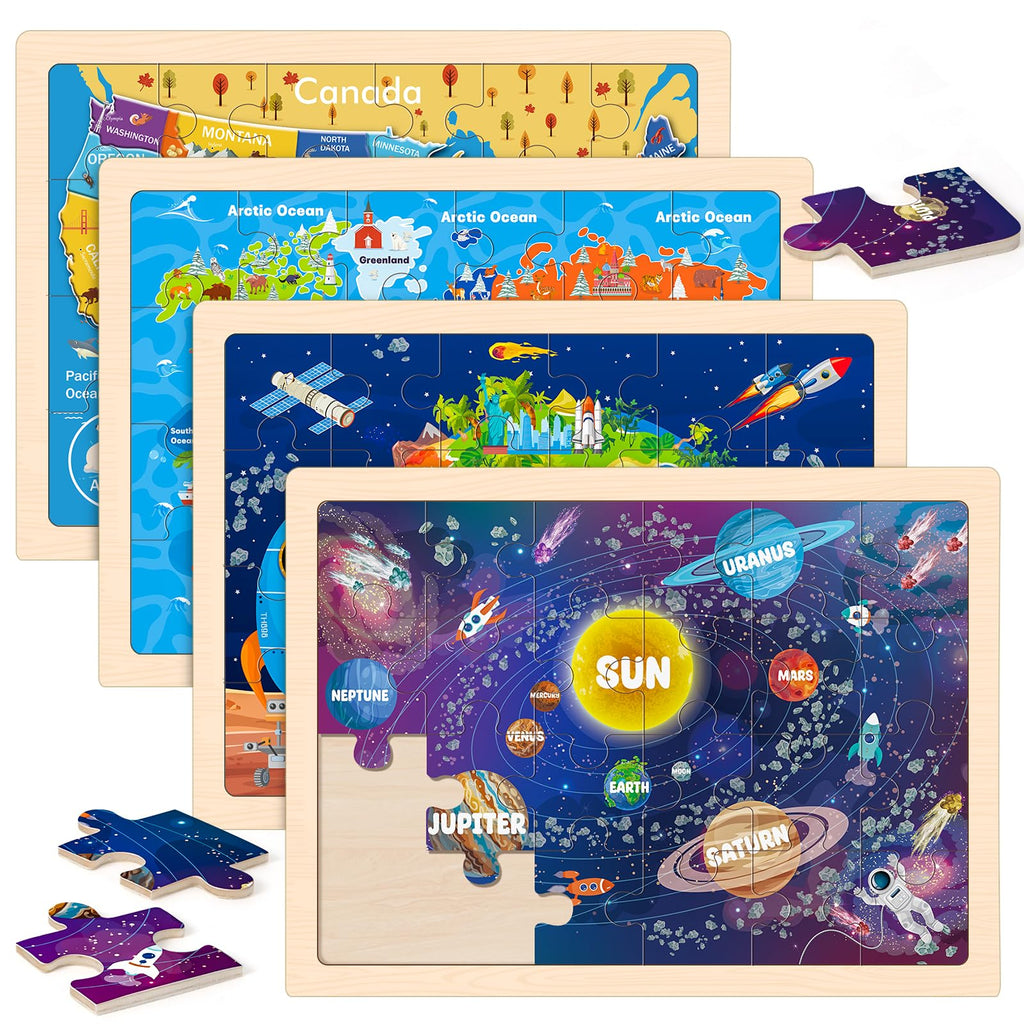 Wooden Puzzles for Kids Age 3 4 5 Year Old, 6 Pack 60 Pcs Toddler Jigsaw Puzzles for Girl Boy Animals Space Activities Preschool Learning Educational Birthday Gift Travel Autistic Wooden Toys