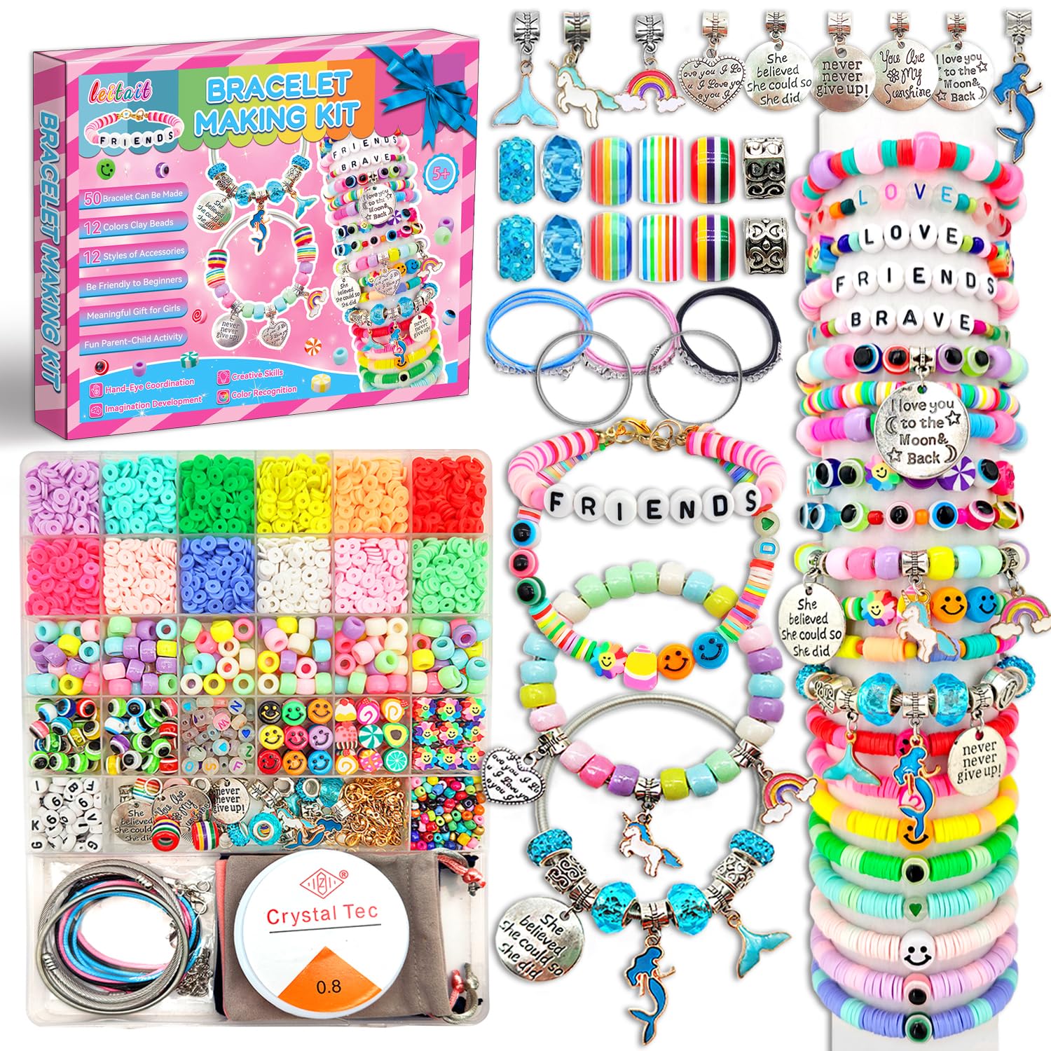 leitait Girl Toys Bracelet Making Kit-Beads for Charm Jewelry Making Kit Supplies DIY Arts Halloween and Christmas Party Favors Crafts for Kids Girl Toys Age 6-7,8-12 Teens Girl Gifts