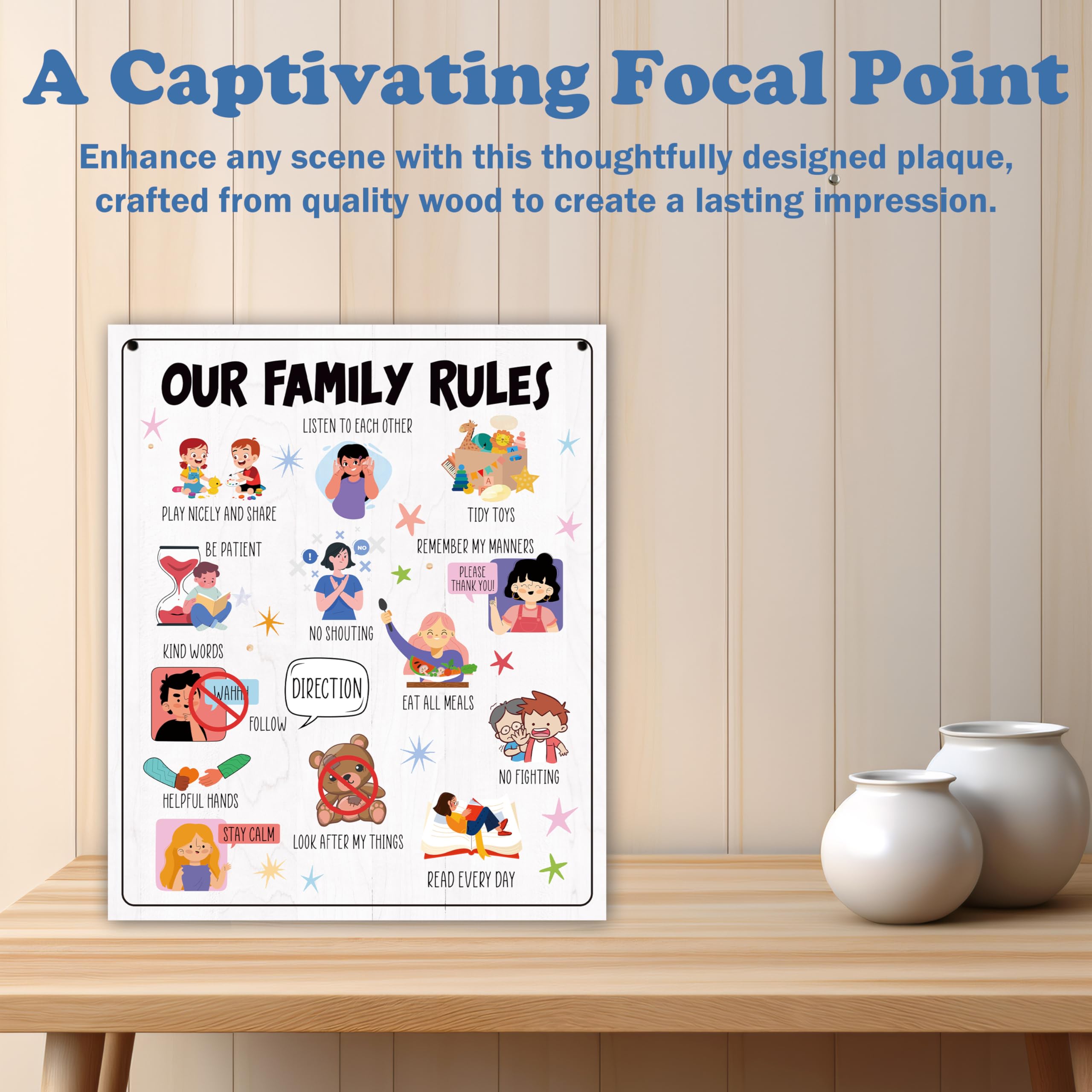 Family House Rules Wooden Wall Sign for Kids & Playroom