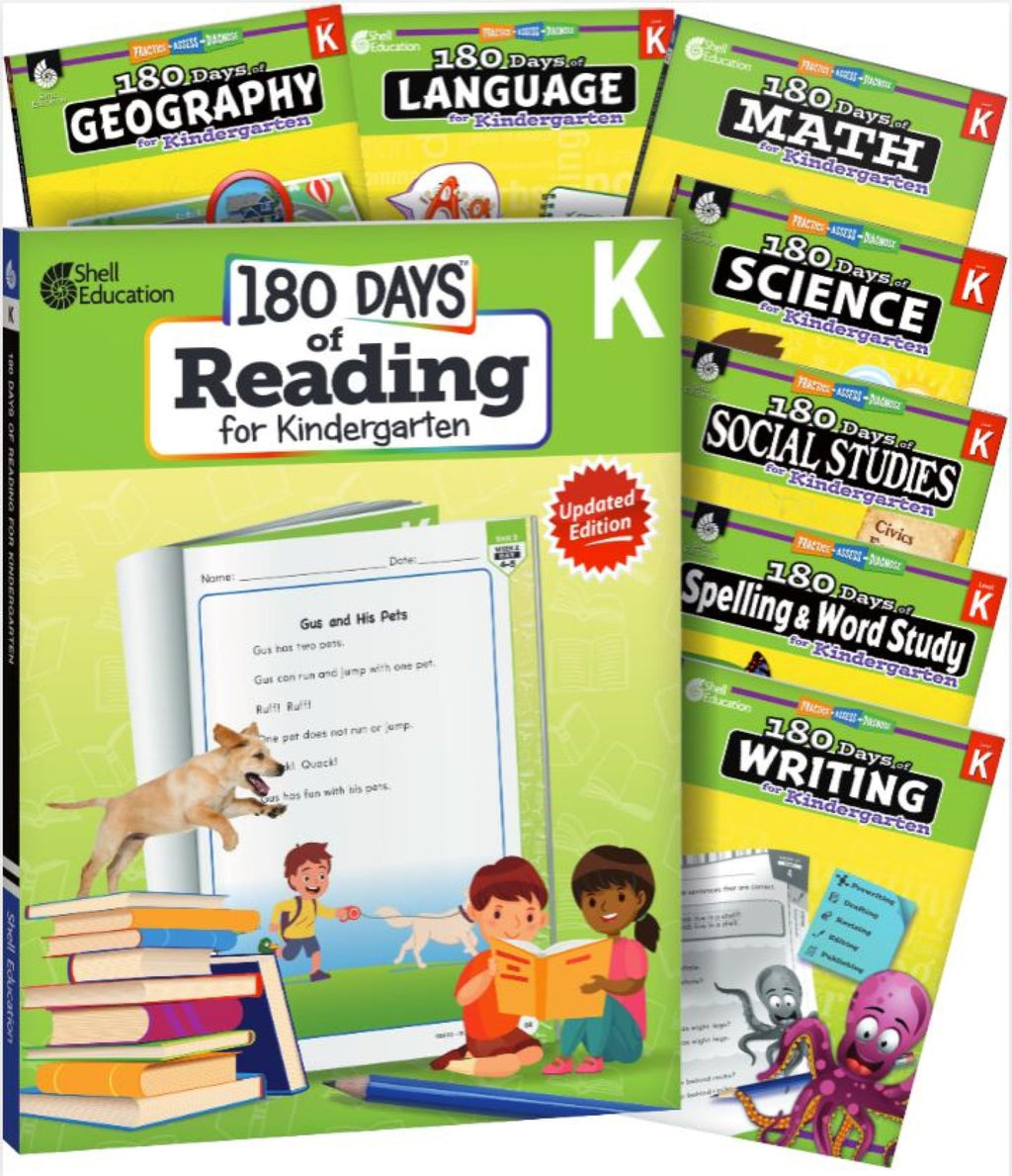 Kindergarten 180-Day Practice Workbook Set, 8 Books