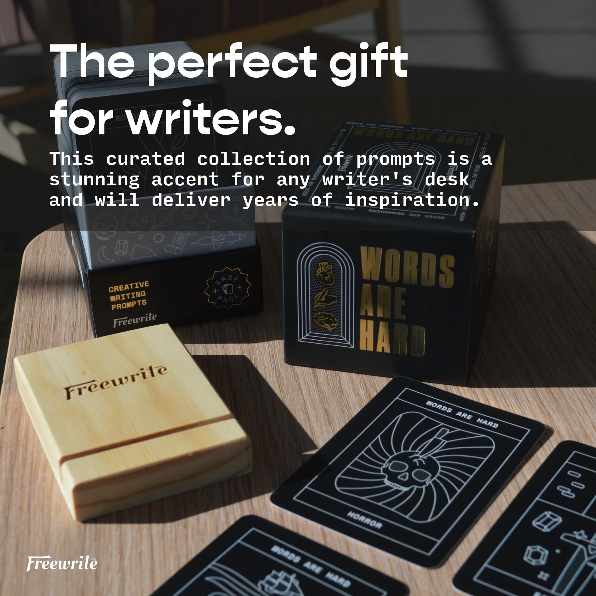 Astrohaus Freewrite Words are Hard Writing Prompt Deck | 150 Creative Writing Prompts for 8 Genres | Gifts for Writers with Inspiring Illustrations | Storytelling Cards with a Custom Wooden Stand