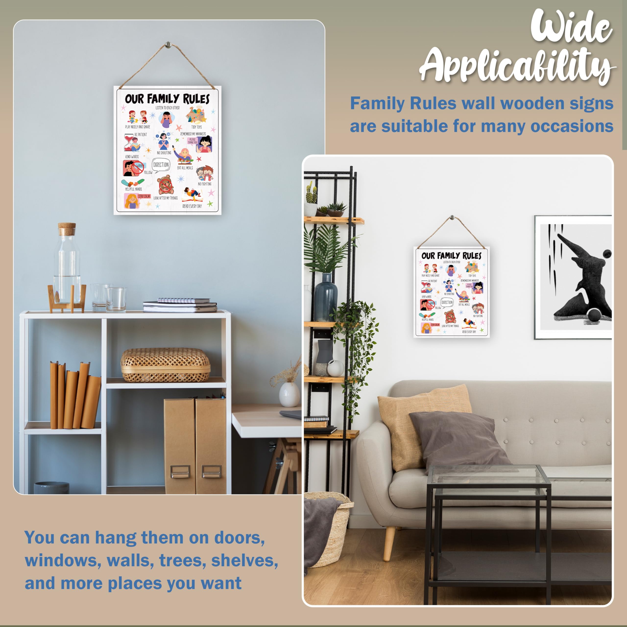 Family House Rules Wooden Wall Sign for Kids & Playroom
