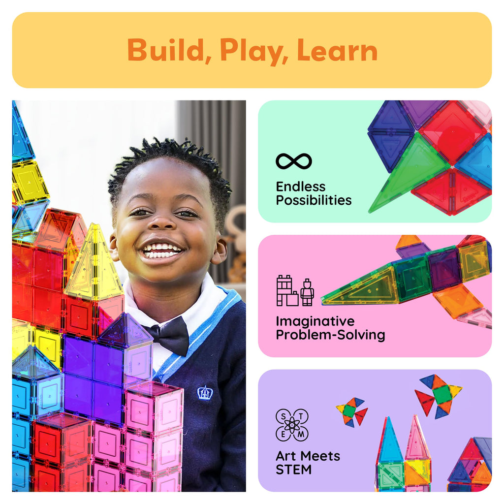 PicassoTiles 100 Piece Magnetic Tiles, Clear 3D Building Blocks for Kids 3+