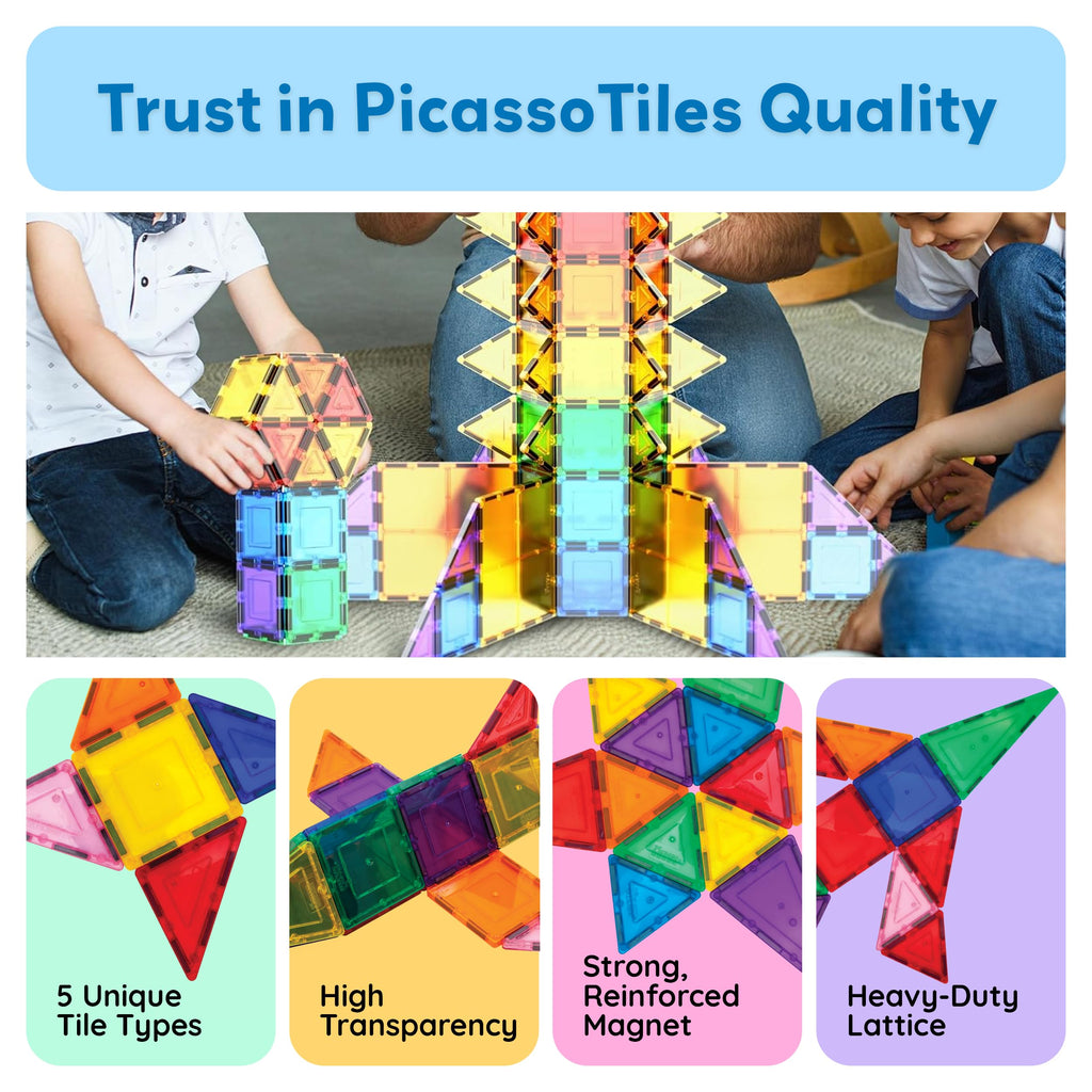 PicassoTiles 100 Piece Magnetic Tiles, Clear 3D Building Blocks for Kids 3+