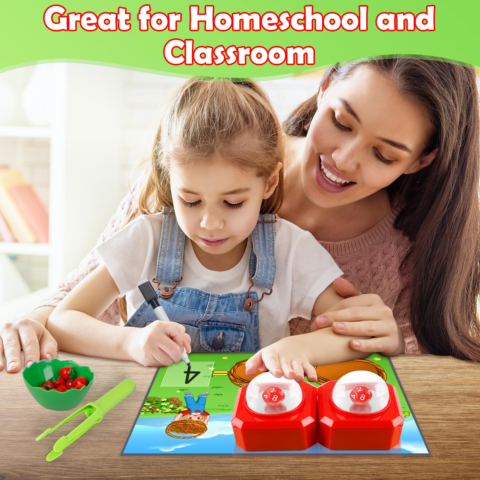 Kasfalci Math Board Games for Kids with Dice Poppers,Math Manipulatives,Dice Games,Addition Subtraction Games,Math Counters,Counting Toys,Fine Motor Toys,Kindergarten Classroom Homeschool Supplies