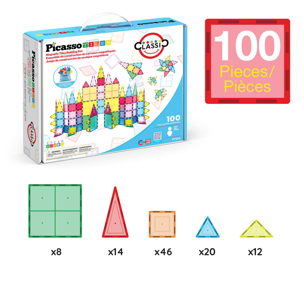 PicassoTiles 100 Piece Magnetic Tiles, Clear 3D Building Blocks for Kids 3+