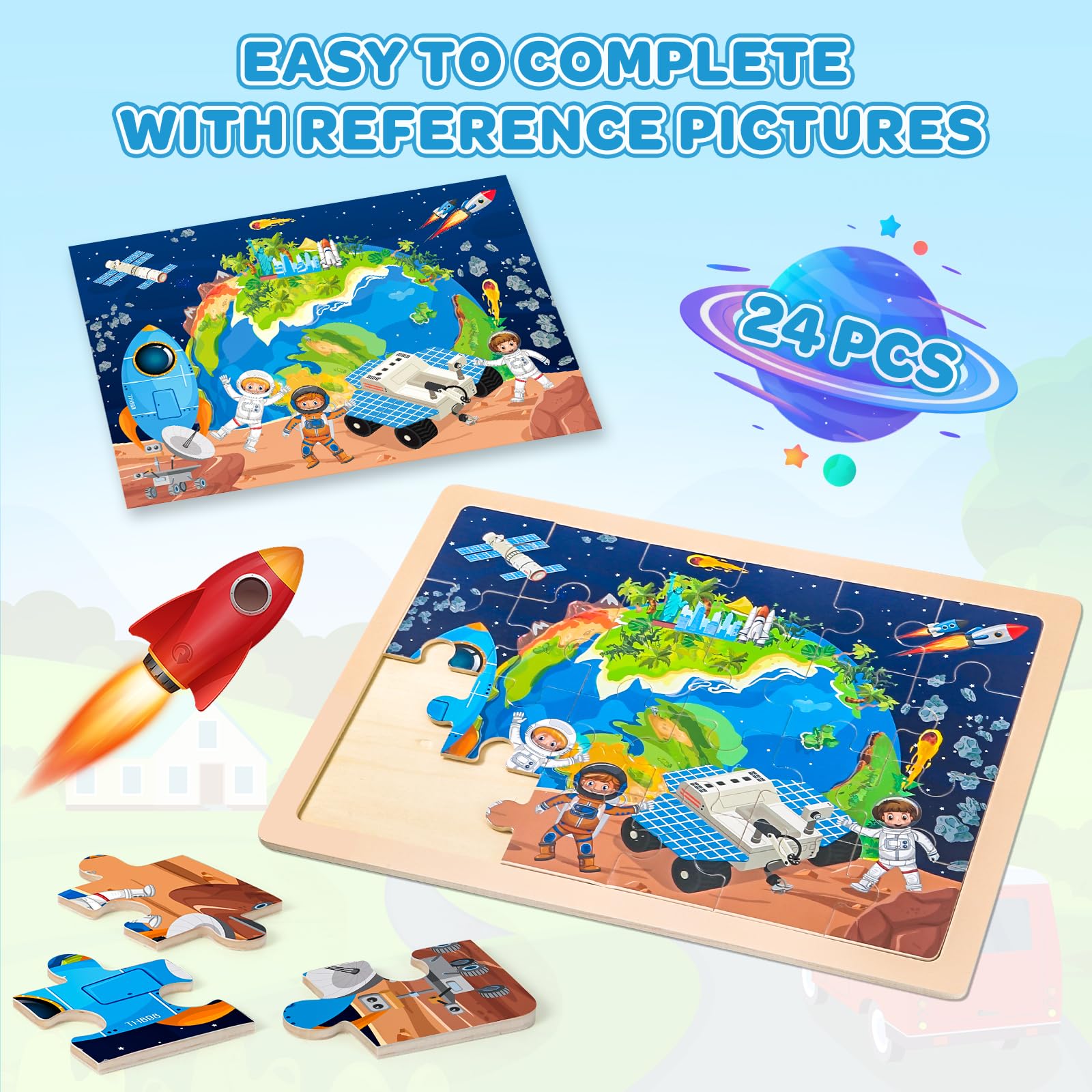 Wooden Puzzles for Kids Age 3 4 5 Year Old, 6 Pack 60 Pcs Toddler Jigsaw Puzzles for Girl Boy Animals Space Activities Preschool Learning Educational Birthday Gift Travel Autistic Wooden Toys