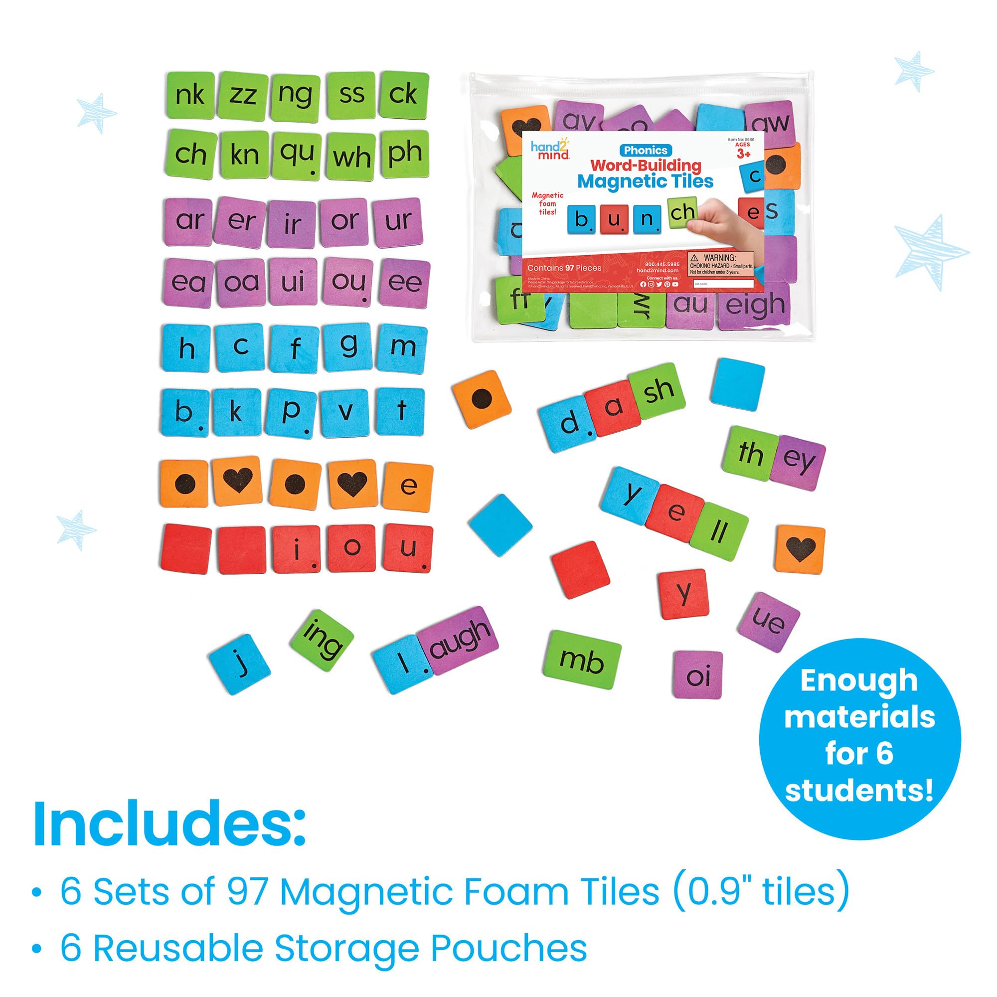 hand2mind Phonics Word-Building Magnetic Letter Tiles, Set of 6, Ages 3+