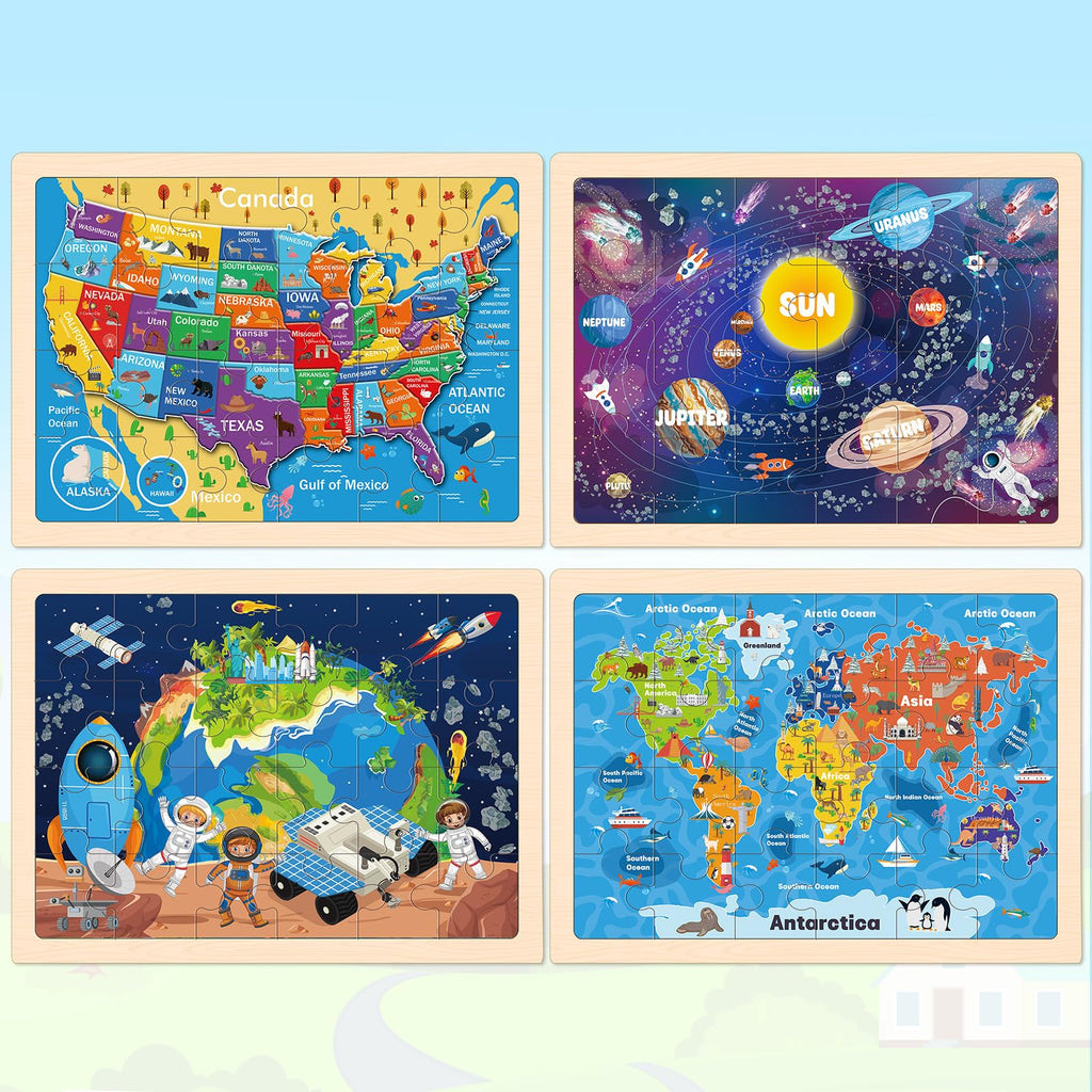 Wooden Puzzles for Kids Age 3 4 5 Year Old, 6 Pack 60 Pcs Toddler Jigsaw Puzzles for Girl Boy Animals Space Activities Preschool Learning Educational Birthday Gift Travel Autistic Wooden Toys