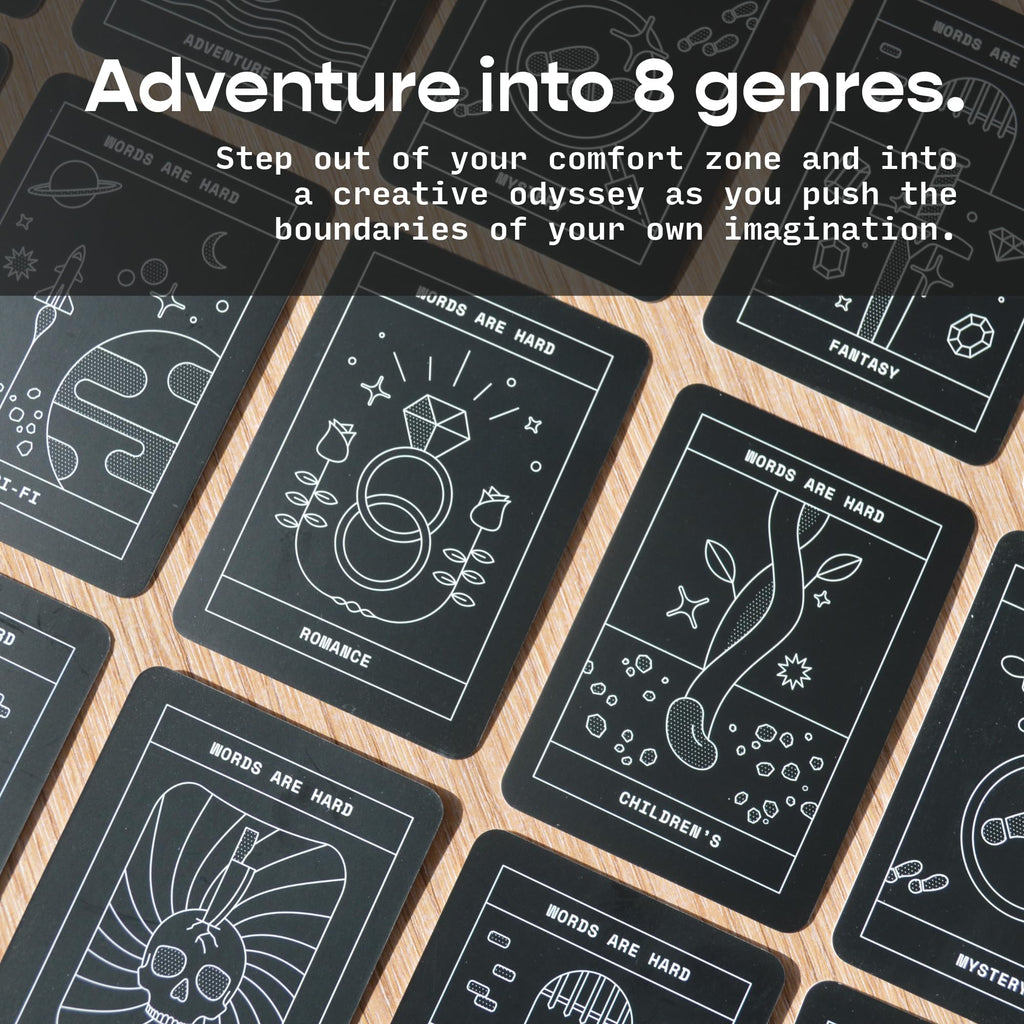 Astrohaus Freewrite Words are Hard Writing Prompt Deck | 150 Creative Writing Prompts for 8 Genres | Gifts for Writers with Inspiring Illustrations | Storytelling Cards with a Custom Wooden Stand