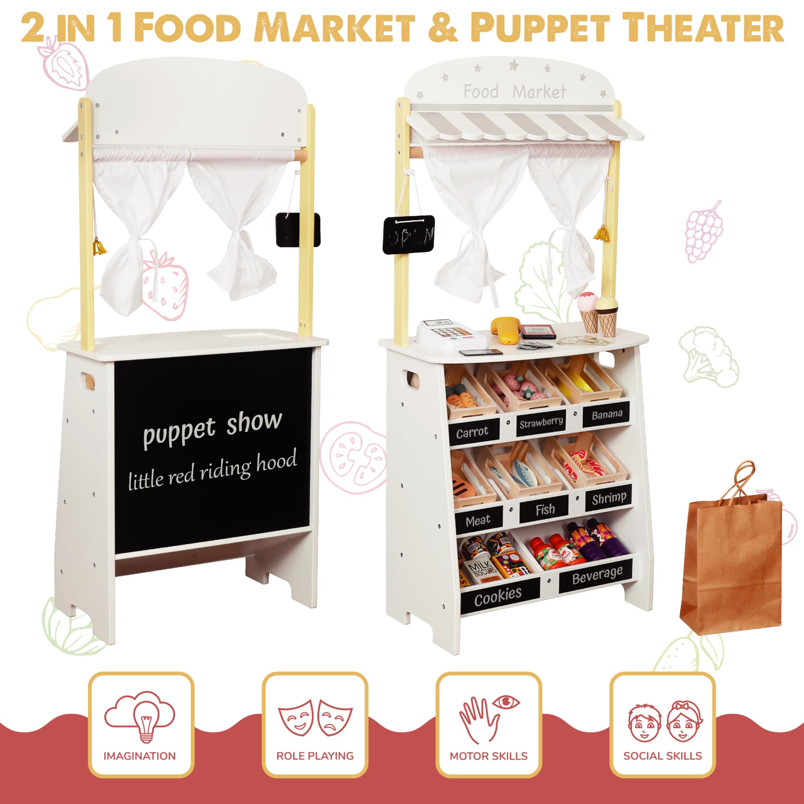 Kids Grocery Store Pretend Play Set with Shopping Cart