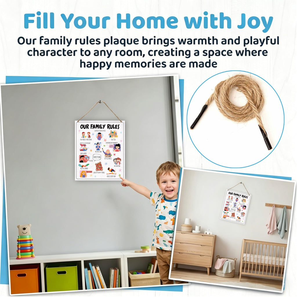 Family House Rules Wooden Wall Sign for Kids & Playroom