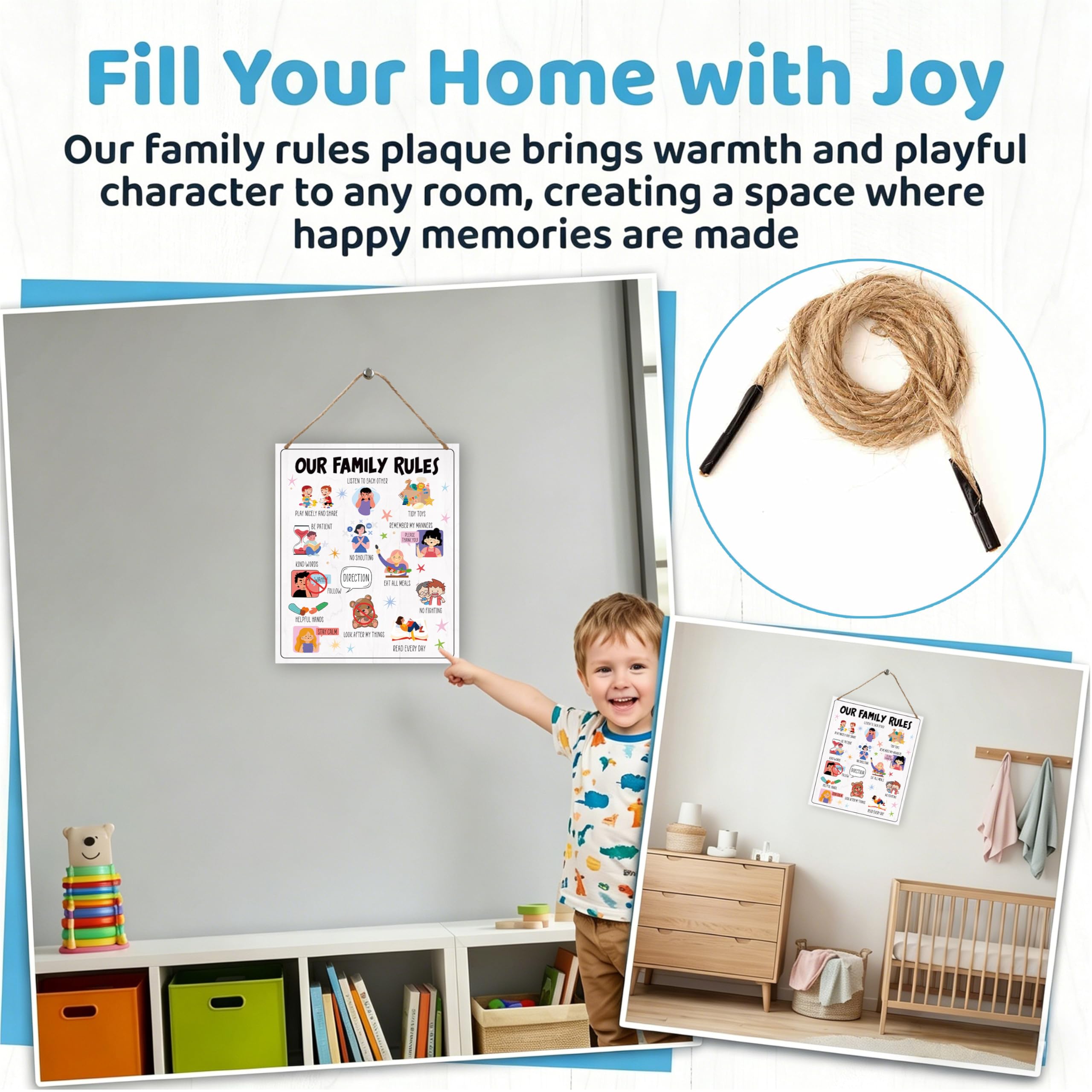 Family House Rules Wooden Wall Sign for Kids & Playroom