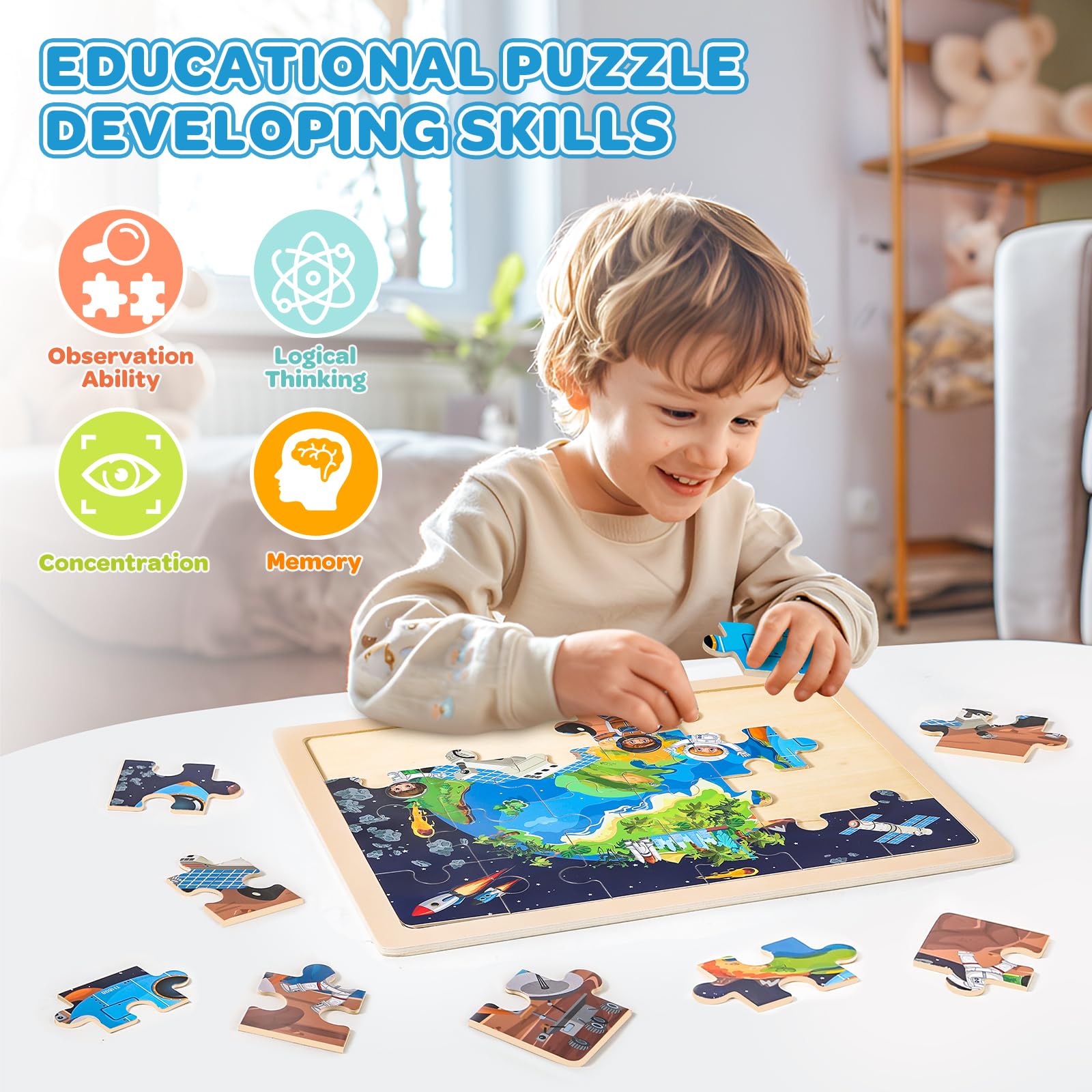 Wooden Puzzles for Kids Age 3 4 5 Year Old, 6 Pack 60 Pcs Toddler Jigsaw Puzzles for Girl Boy Animals Space Activities Preschool Learning Educational Birthday Gift Travel Autistic Wooden Toys