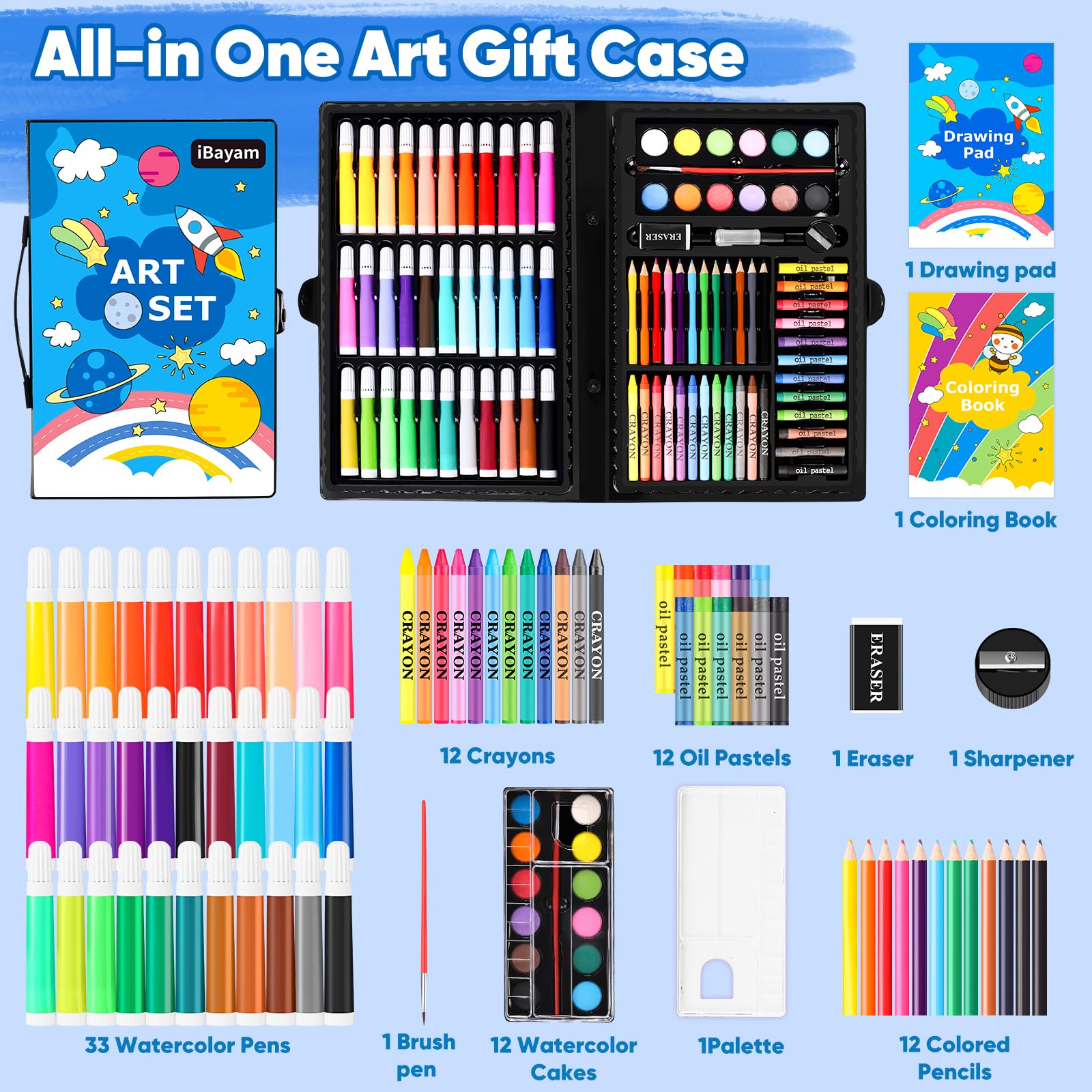 iBayam Art Supplies, 139-Pack Drawing Kit Painting Art Set Art Kits Gifts Box, Arts and Crafts for Adult with Drawing Pad, Coloring Book, Crayons, Pastels, Pencils, Watercolor Pens