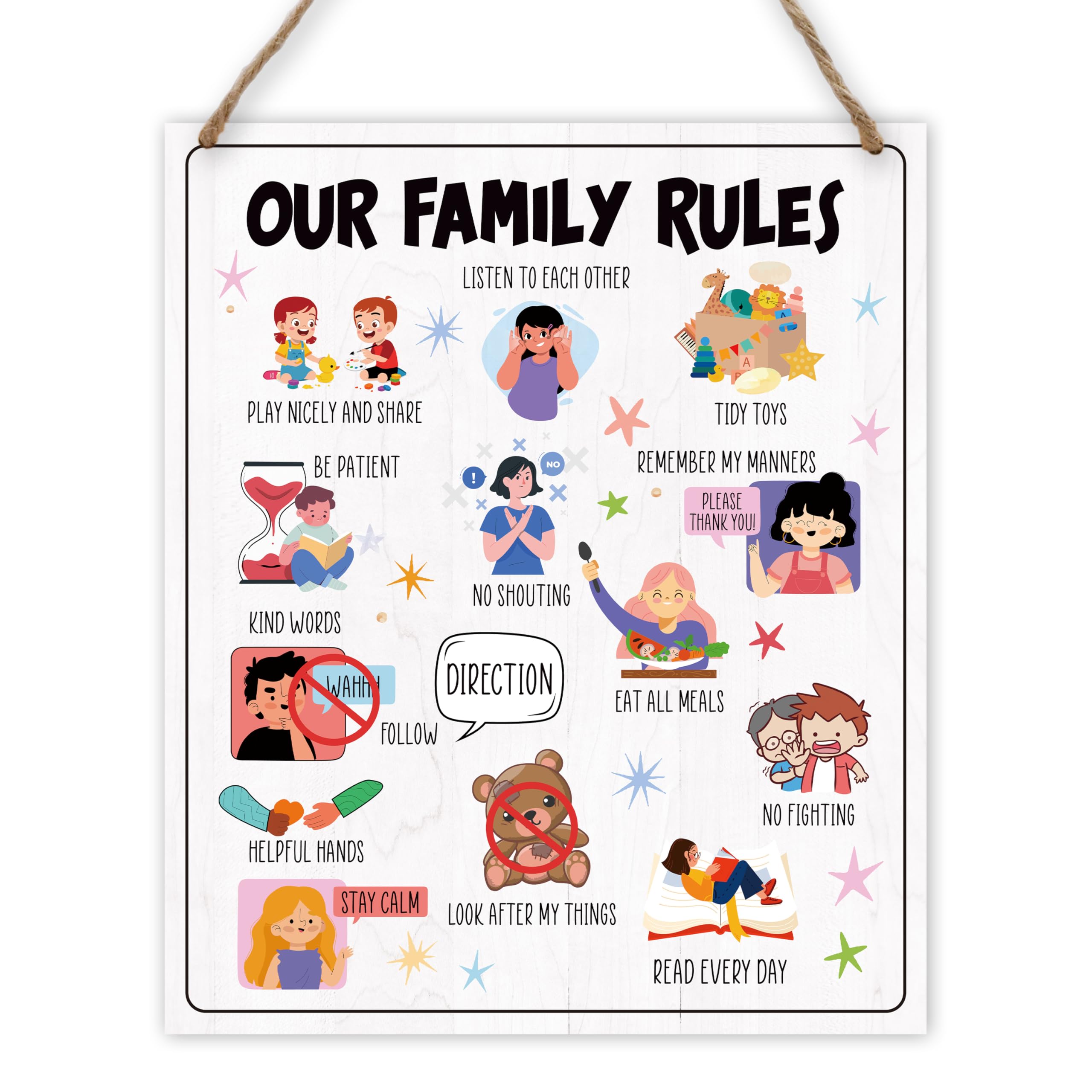 Family House Rules Wooden Wall Sign for Kids & Playroom