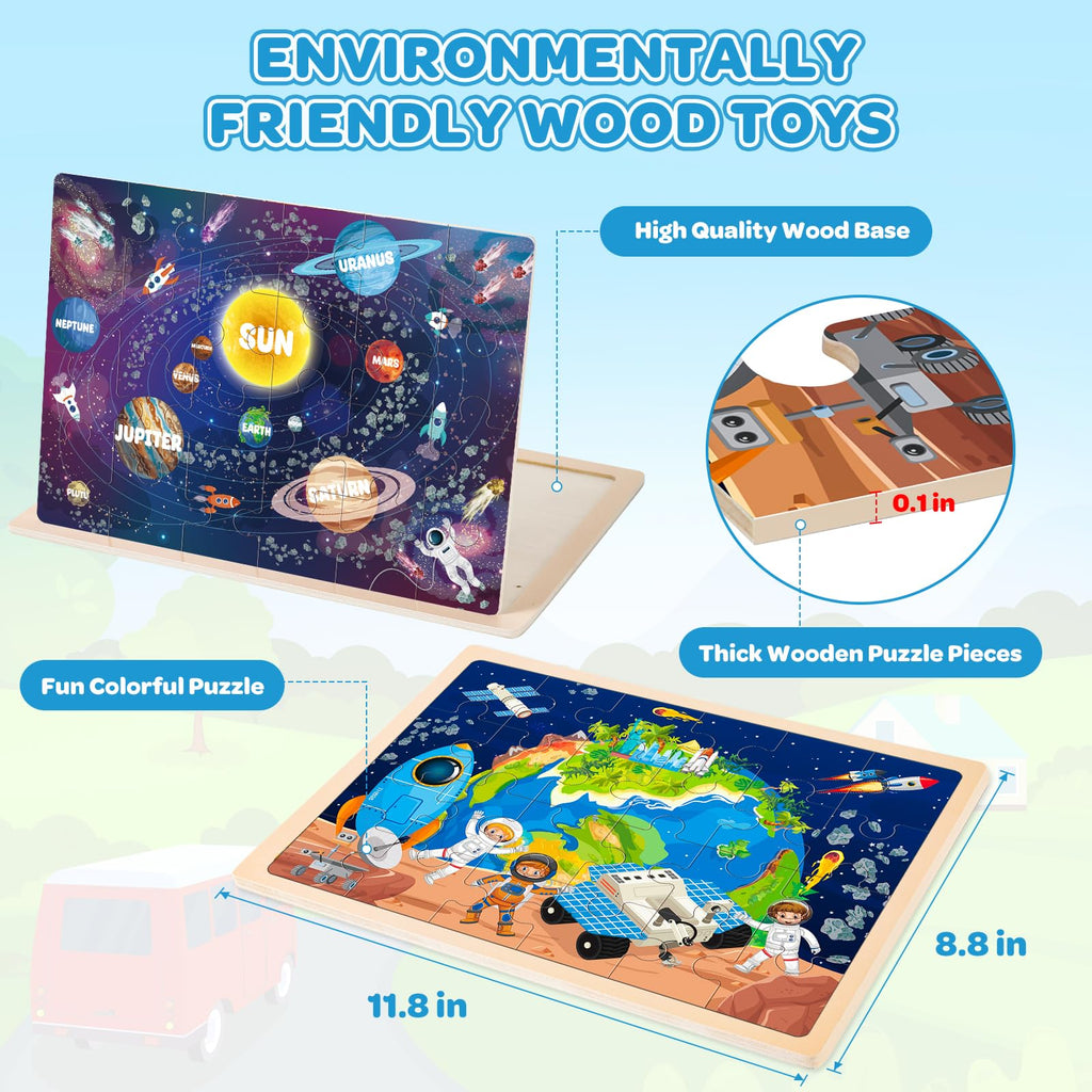 Wooden Puzzles for Kids Age 3 4 5 Year Old, 6 Pack 60 Pcs Toddler Jigsaw Puzzles for Girl Boy Animals Space Activities Preschool Learning Educational Birthday Gift Travel Autistic Wooden Toys