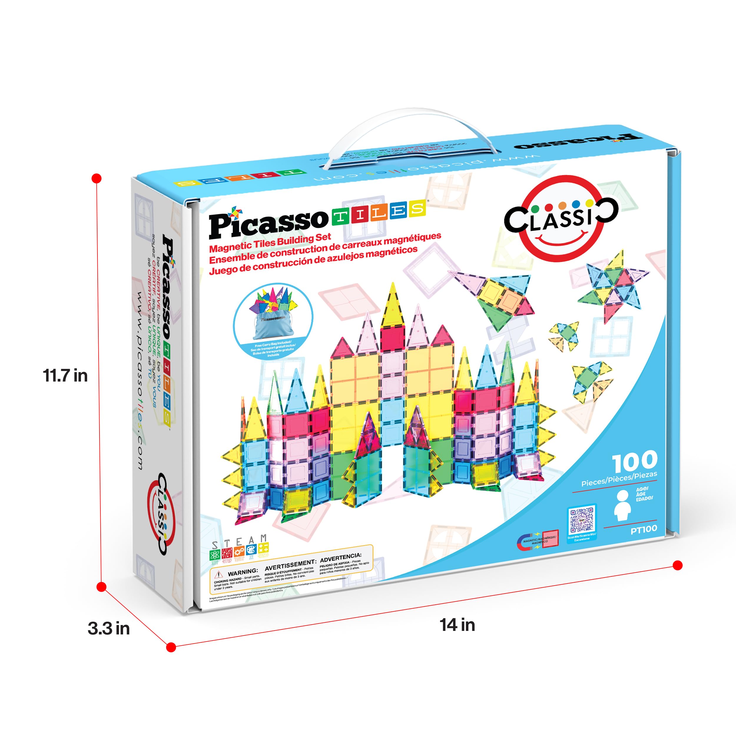 PicassoTiles 100 Piece Magnetic Tiles, Clear 3D Building Blocks for Kids 3+