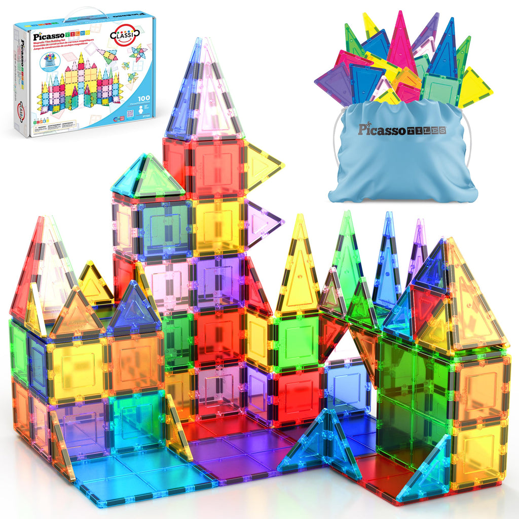 PicassoTiles 100 Piece Magnetic Tiles, Clear 3D Building Blocks for Kids 3+