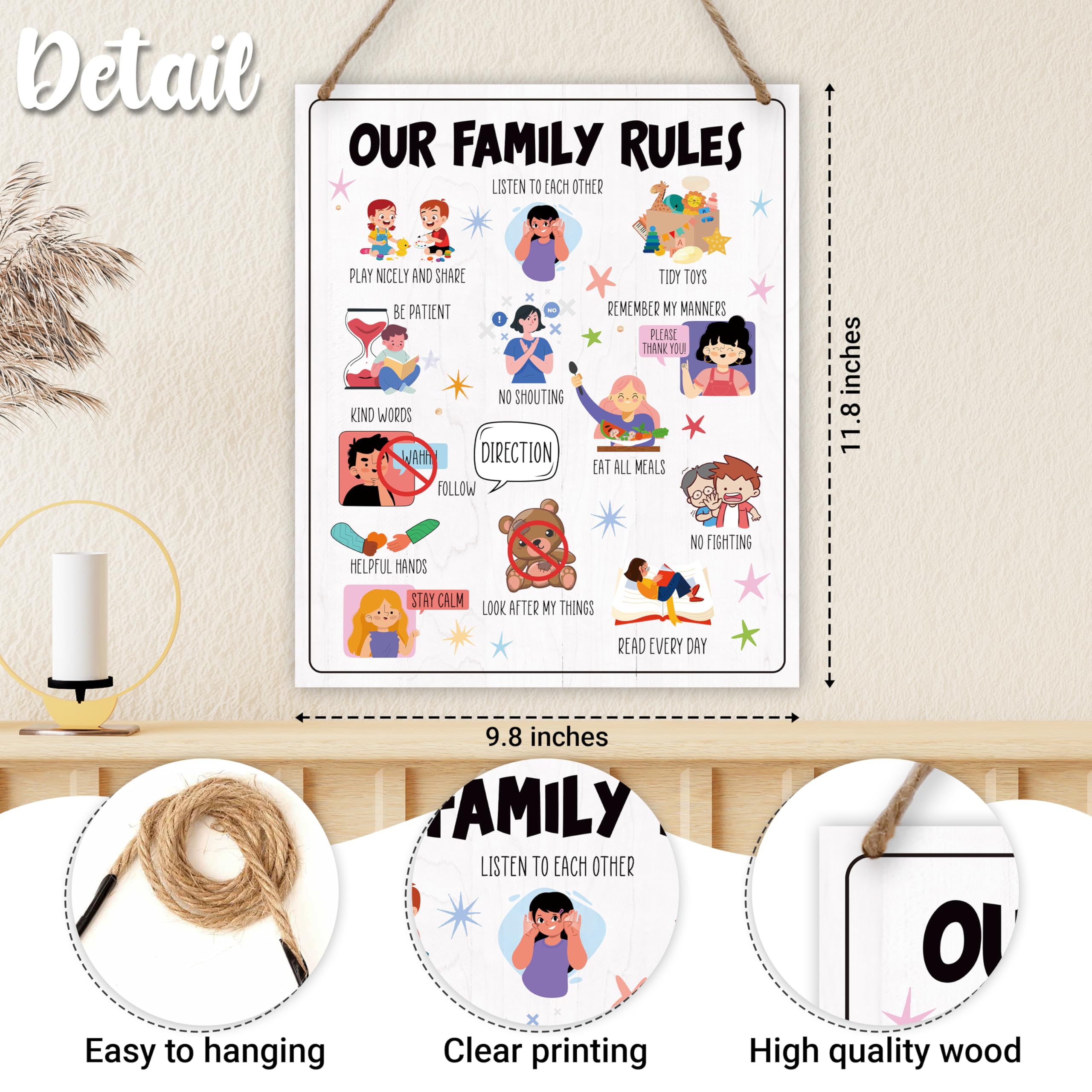 Family House Rules Wooden Wall Sign for Kids & Playroom