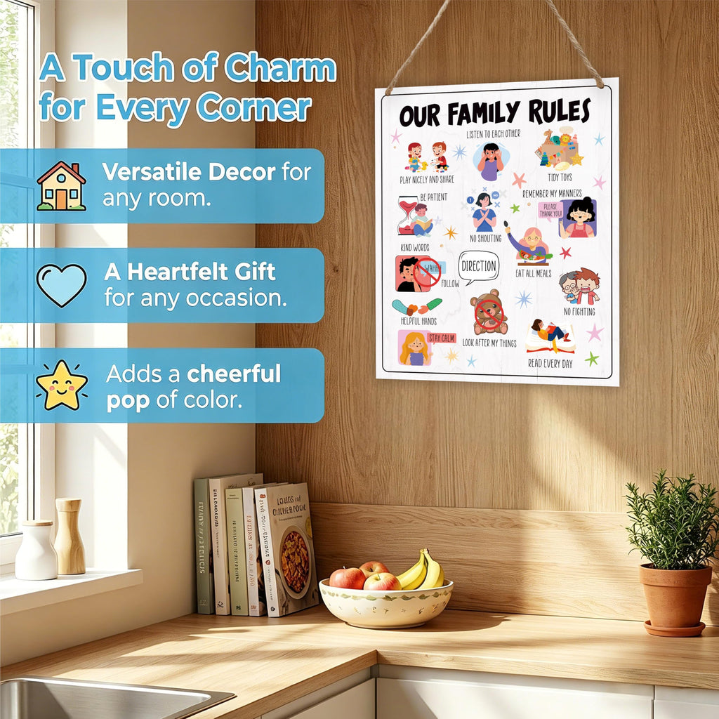 Family House Rules Wooden Wall Sign for Kids & Playroom